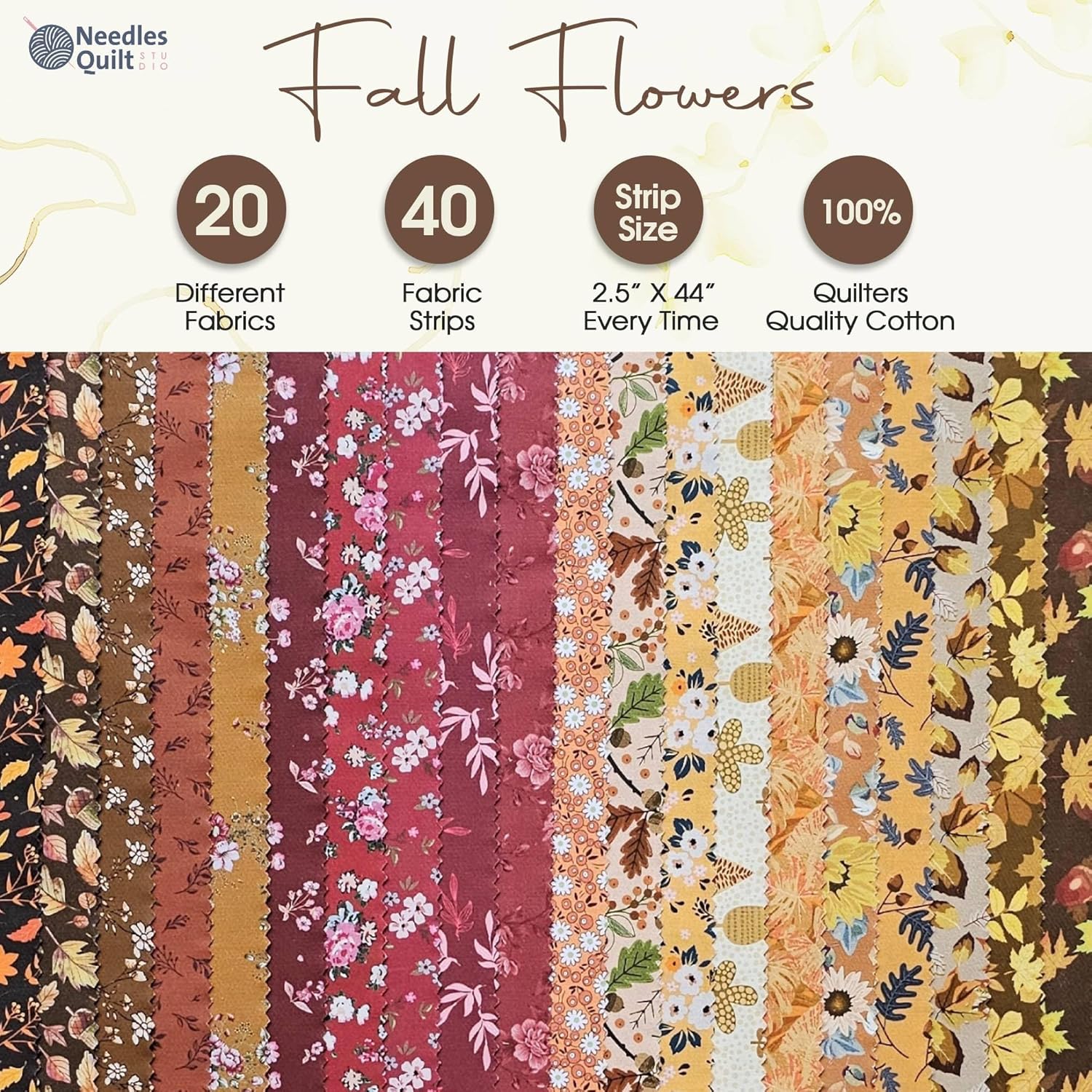 Jelly Roll Fabrics for Quilting Clearance 40 Strip 2.5" x 44" | Cotton Strips Bundles – Perfect Quilting Fabric for Sewing, Precut Quilt Projects, and DIY Crafts (Fall Flowers)