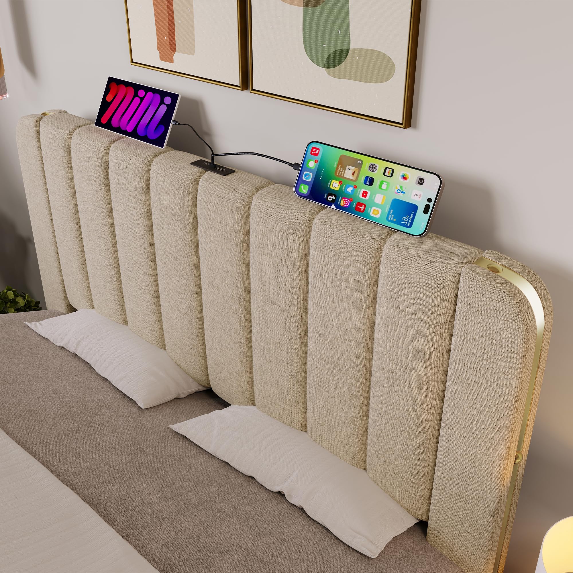 Cama tapizada de 180 x 200 cm, cama de matrimonio con 4 cajones y puerto USB Tipo-C de tela de lino, cabecero tapizado con acabados dorados, para adultos y niños, sin colchón, beige