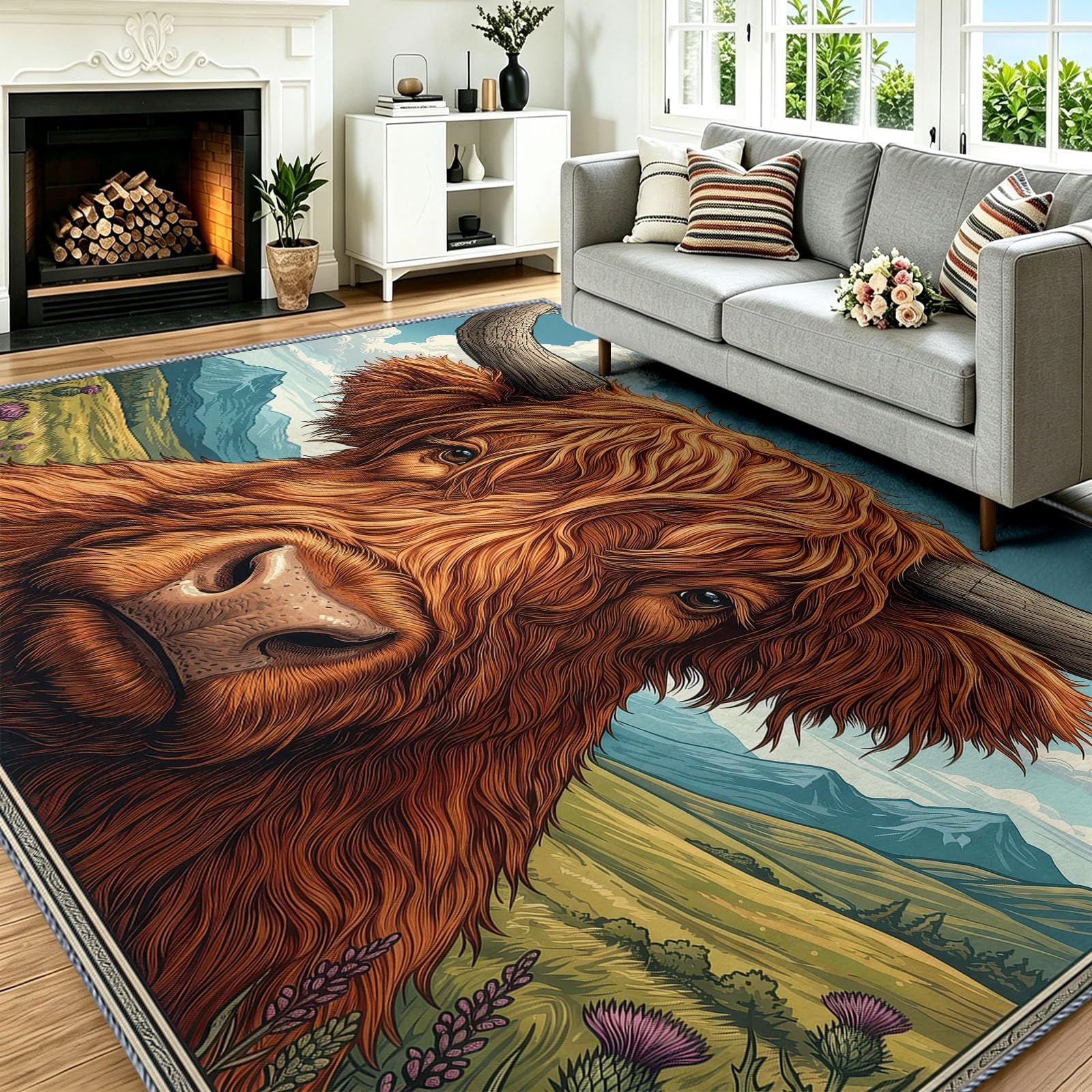 Tapis pour Chambre Dessin Animé Champêtre 80x150 cm, Tapis Antidérapant Prairie Vache Highland Ciel Bleu Modèle, Poils Courts Doux Lavable Moquette Décoration pour Descente de Lit, Couloir ou Cuisine