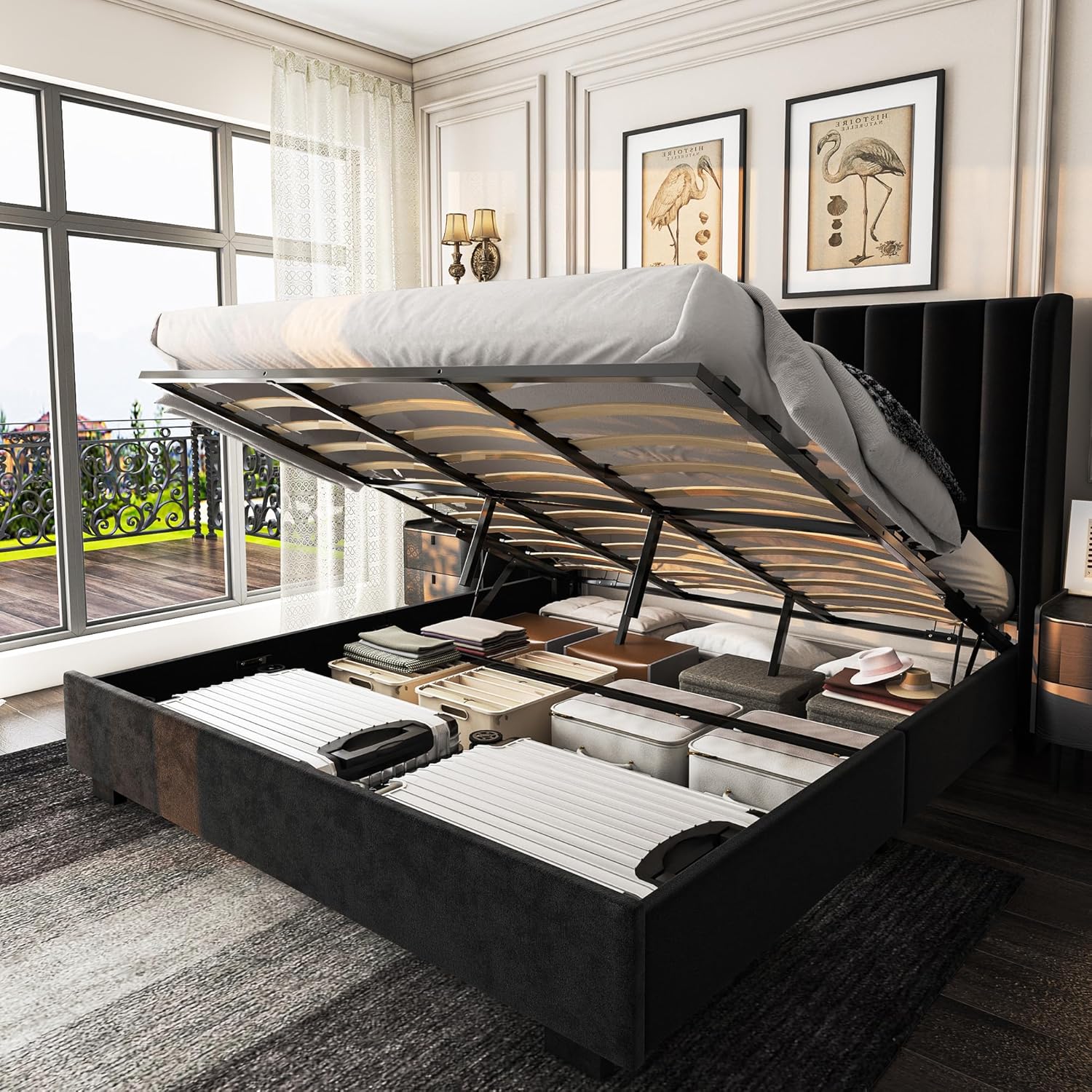 king size storage bed black velvet tufted headboard 51.2 inch