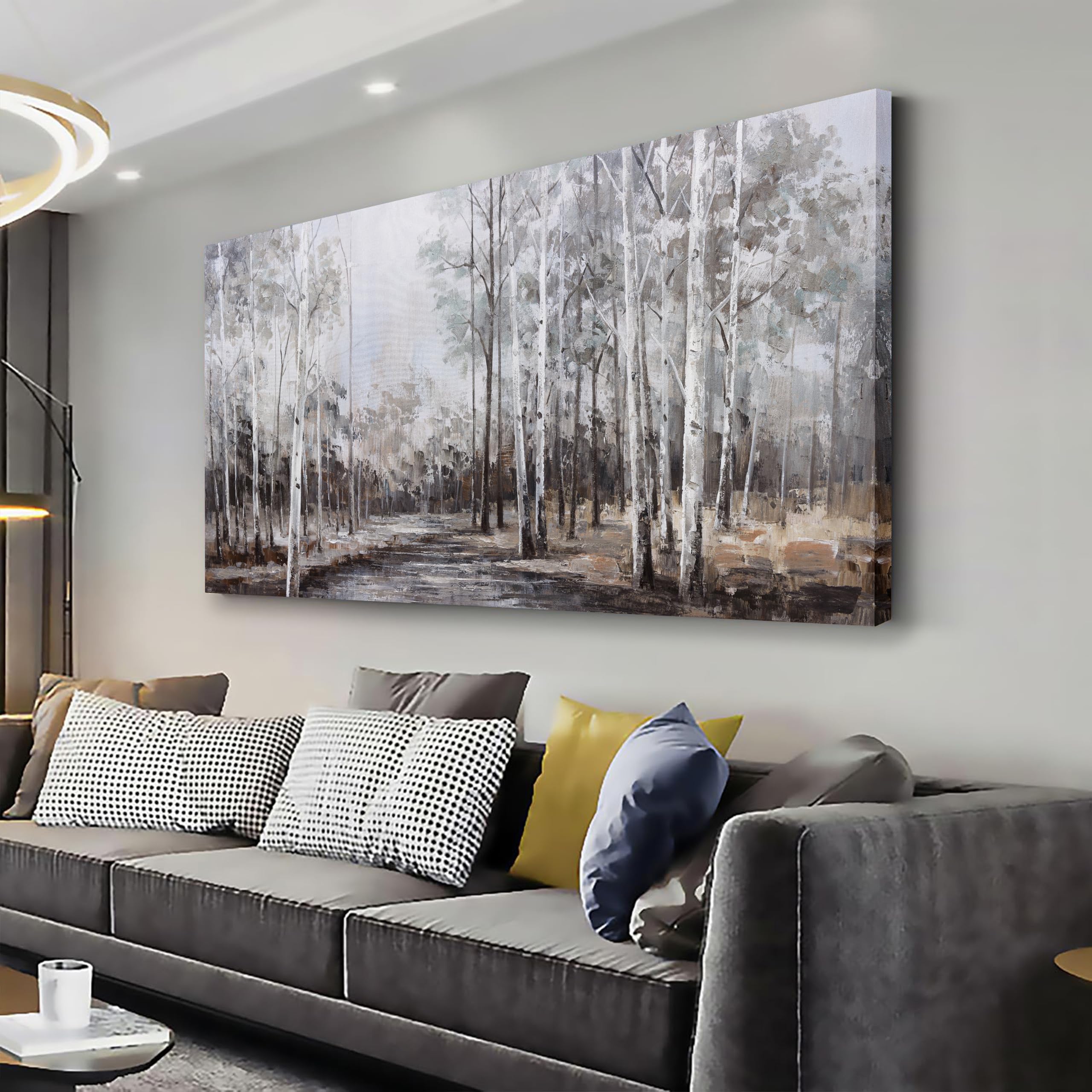 White Birch Tree Wall Art Grey Forest Painting Abstract Canvas Art Landscape Panoramic Picture Nature Artwork Framed for Living Room Bedroom Dinning
