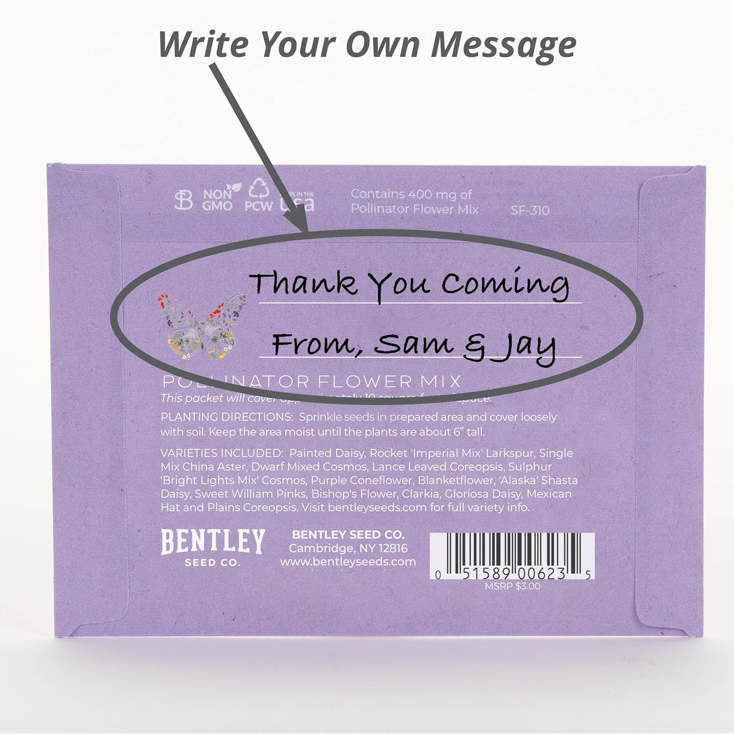 Bentley Seed Co. Thank You Packet - Butterfly Pollinator Mix - 25 Seed Packets - Perfect Eco-Friendly Thank You Gift - Non GMO Seeds, Purple