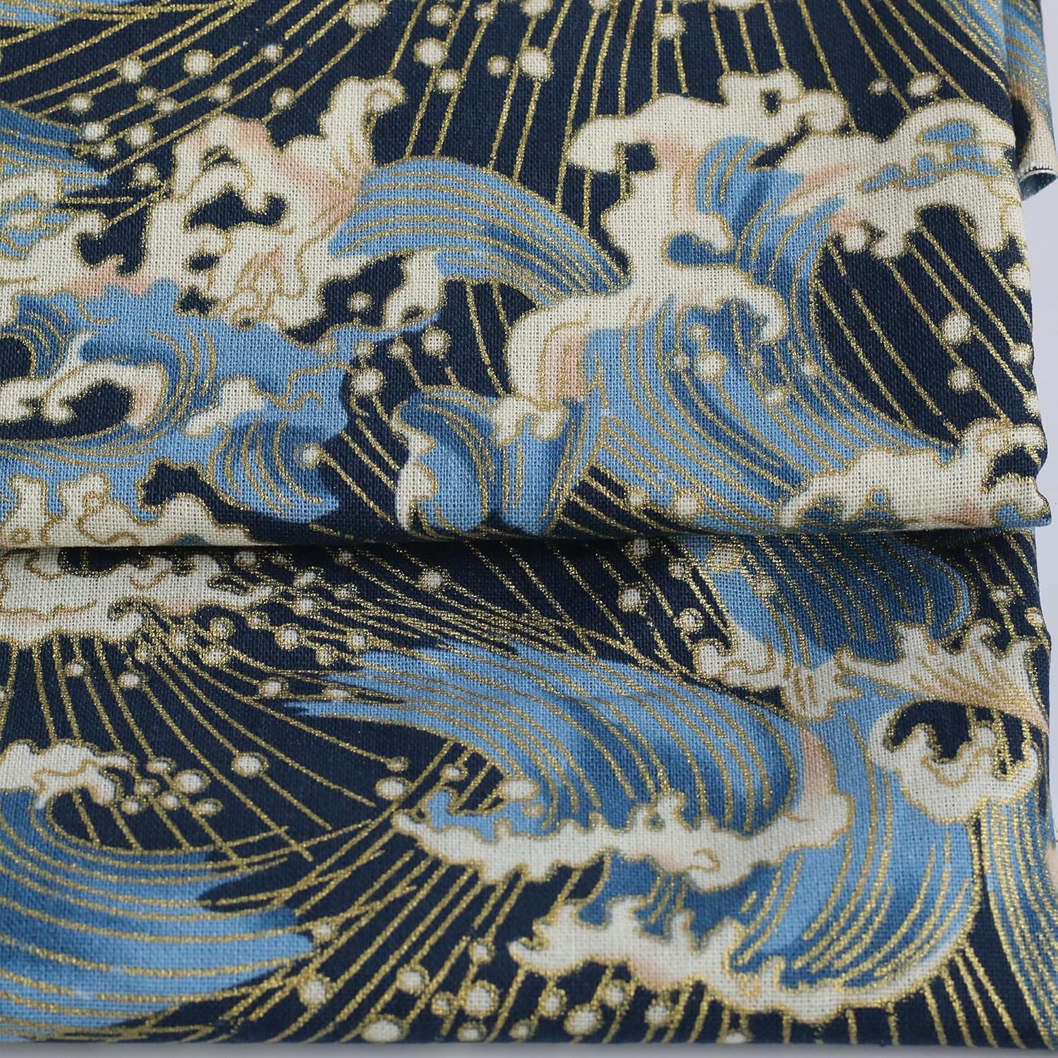 Sea Wave Fabric,160 GSM Japanese Blue Cotton Fabric Gold Hot Stamping,59 Inches Wide for Sewing Clothing Bag Tablecloth Sofa Pillow DIY Craft (3 Yard pre Cut)