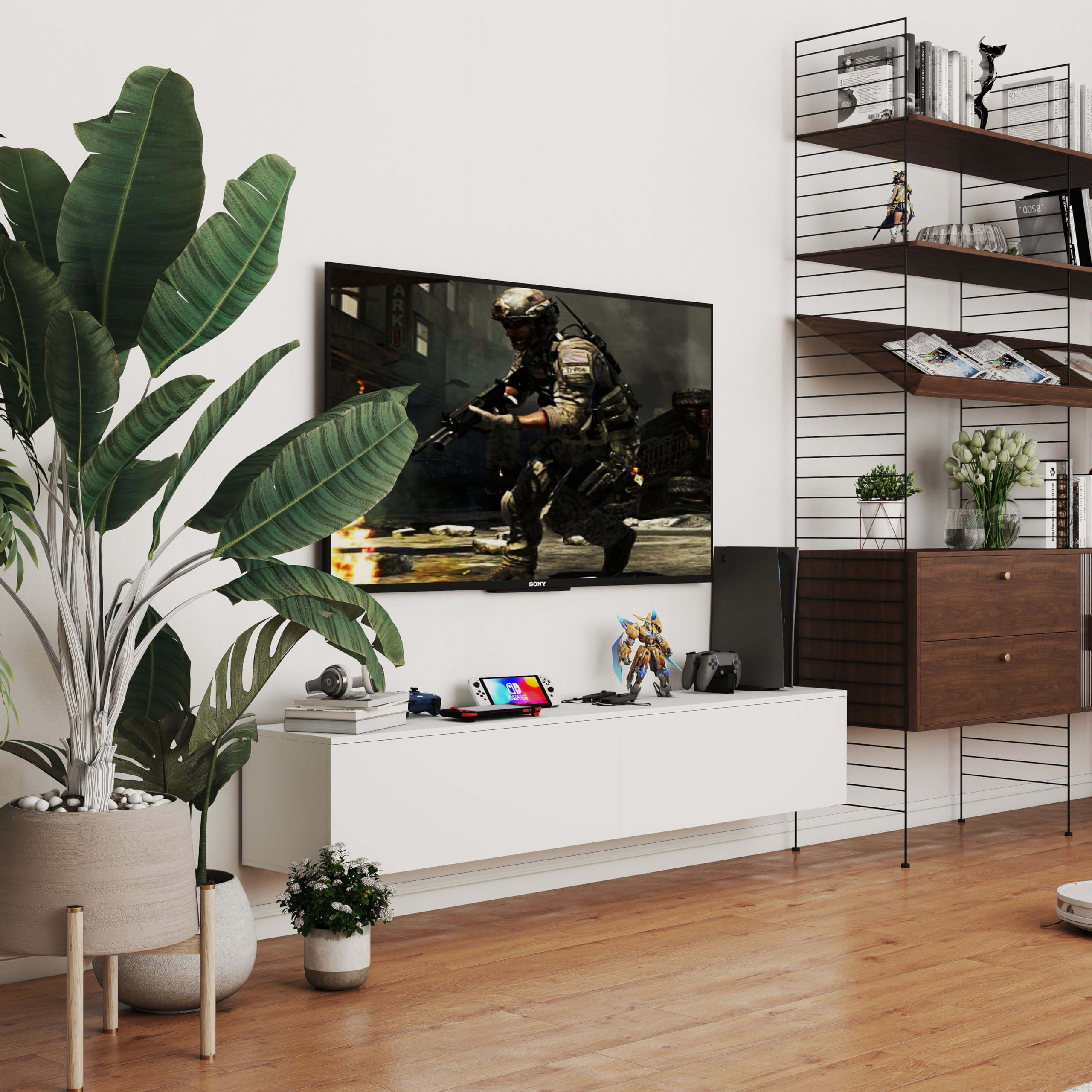 Hitsuki Mueble TV Suspendido Blanco 180 cm Moderno para Salón Grande | 2 cajones y amplio almacenaje, montaje en pared o sobre el suelo; ideal como mesa de televisión y mueble bajo para salón