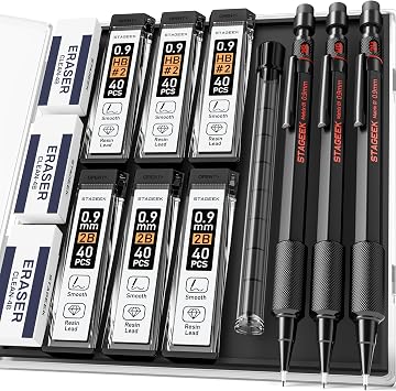 STAGEEK 0.9mm Mechanical Pencil Set, 3PCS Metal Mechanical Pencils 0.9mm with 6 Tubes HB & 2B Lead Refills,Erasers, Weatherproof Artist Pencils with Case for Outdoor Writing Drafting Drawing