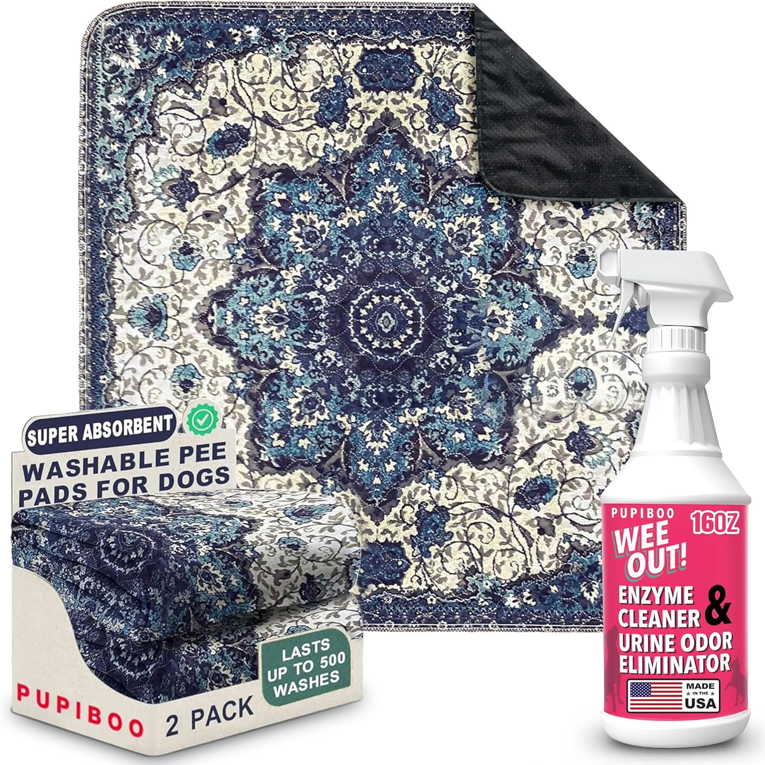 PUPIBOO Pet Care Bundle – Washable Pee Pads with Wee Out Urine Enzyme Cleaner for Dogs & Cats