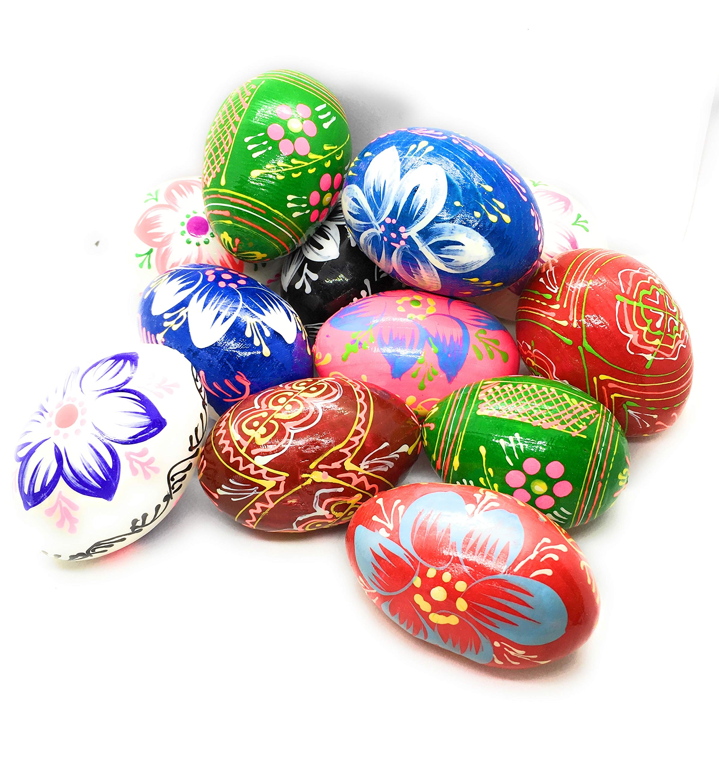 Ukrainisches Kunsthandwerk Handbemaltes Holz Osterei Mehrfarbig – Set mit 12 Stück – Osterdeko zum Aufhängen mit Metallöse – traditionelle Handarbeit. Blumen u. Ornamente