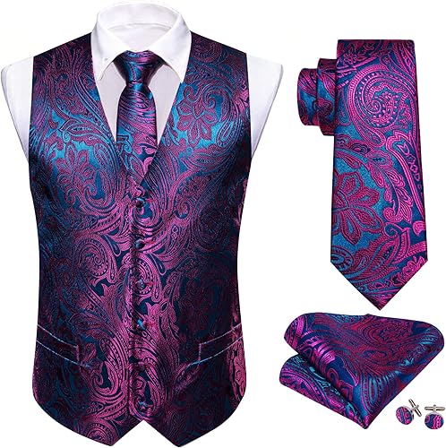 Miniatura 4 de Barry.Wang Chaleco de traje con cuello en V de cachemira para hombre, chaleco de jacquard de seda formalocio, conjunto de 5 piezas