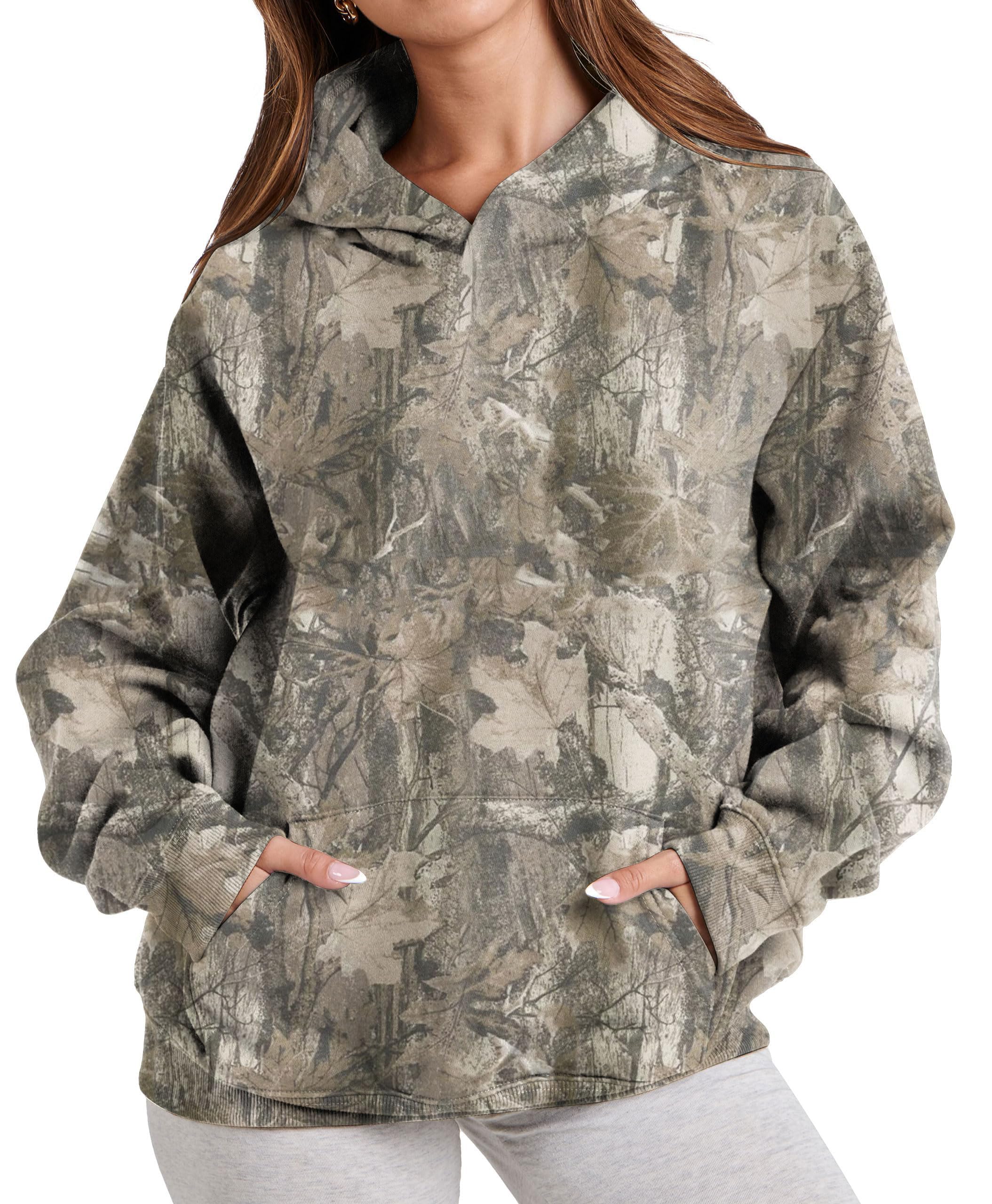 EuttenWomens Camo Hoodies Maple Leaf Print Oversized Hooded Sweatshirt Fleece Pullover Sweatshirts Long Sleeve with Pocket