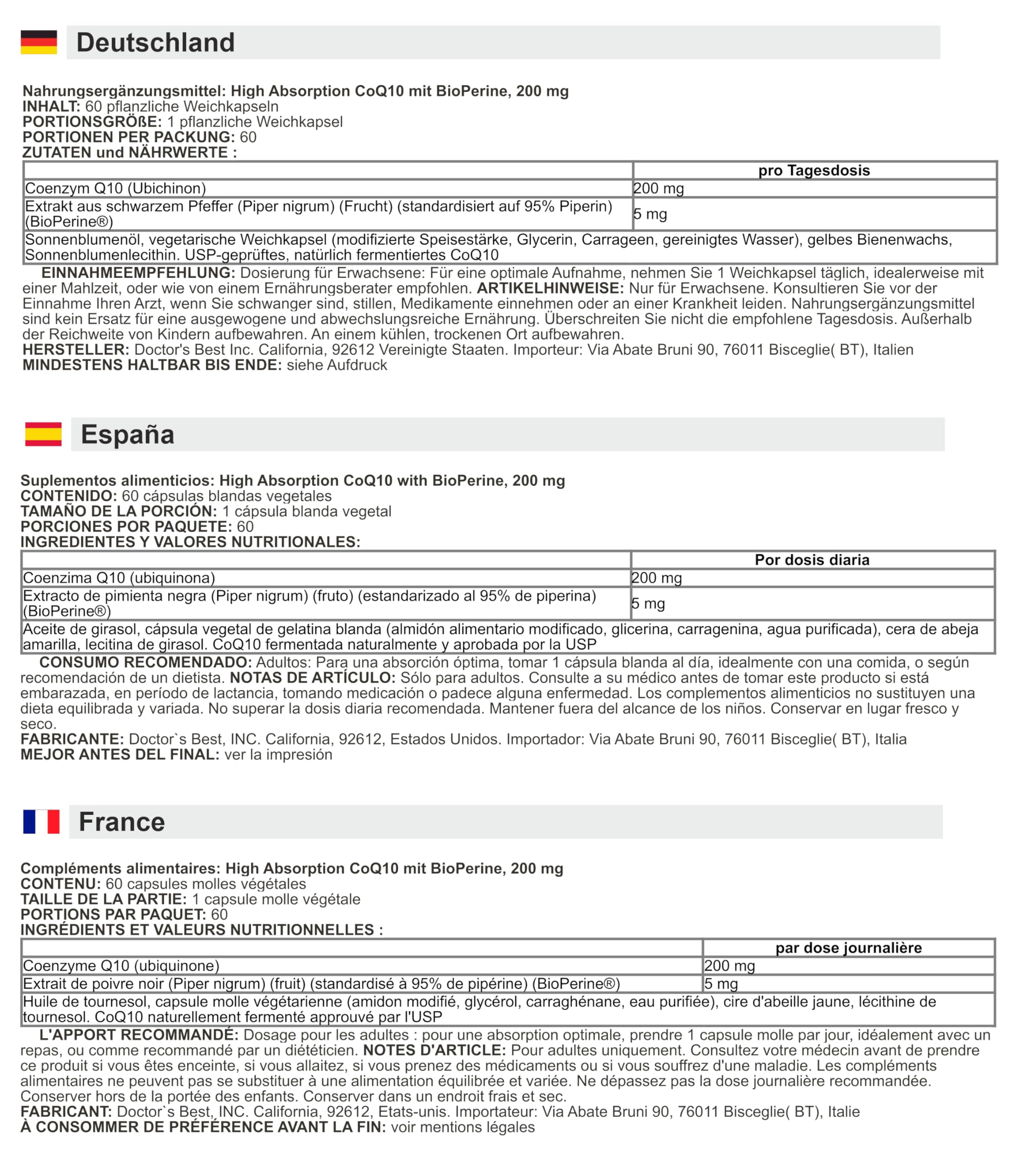 Doctor's Best - CoQ10 de Alta Absorción con BioPerine | 200 mg, 60 cápsulas blandas vegetales