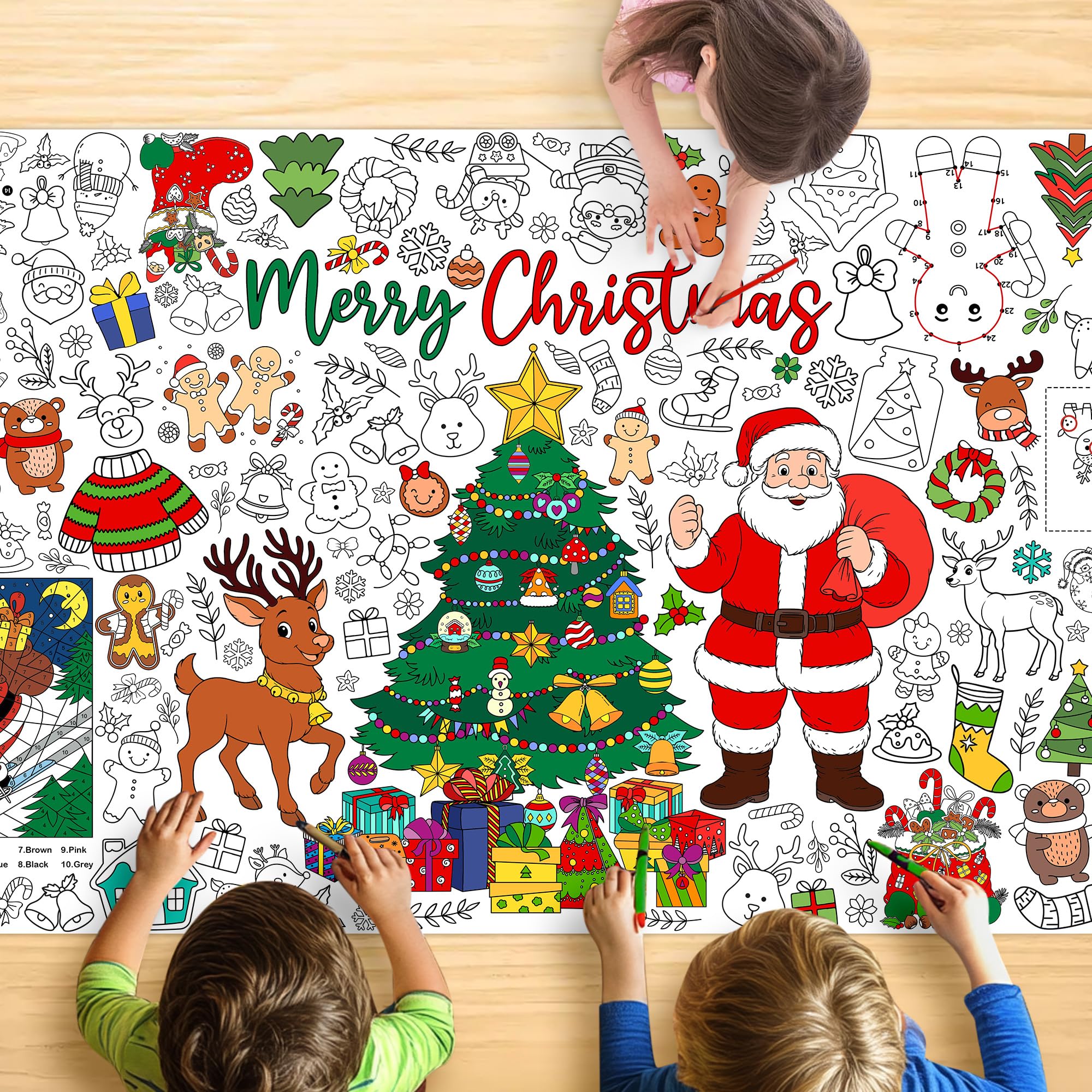 JOYGATHER Christmas Giant Coloring Tablecloth for Kids, Large 30x72 Inch Poster with Santa, Christmas Tree, Reindeer, Perfect for Party Games, Classroom Decorations, Arts Crafts, Winter Activities