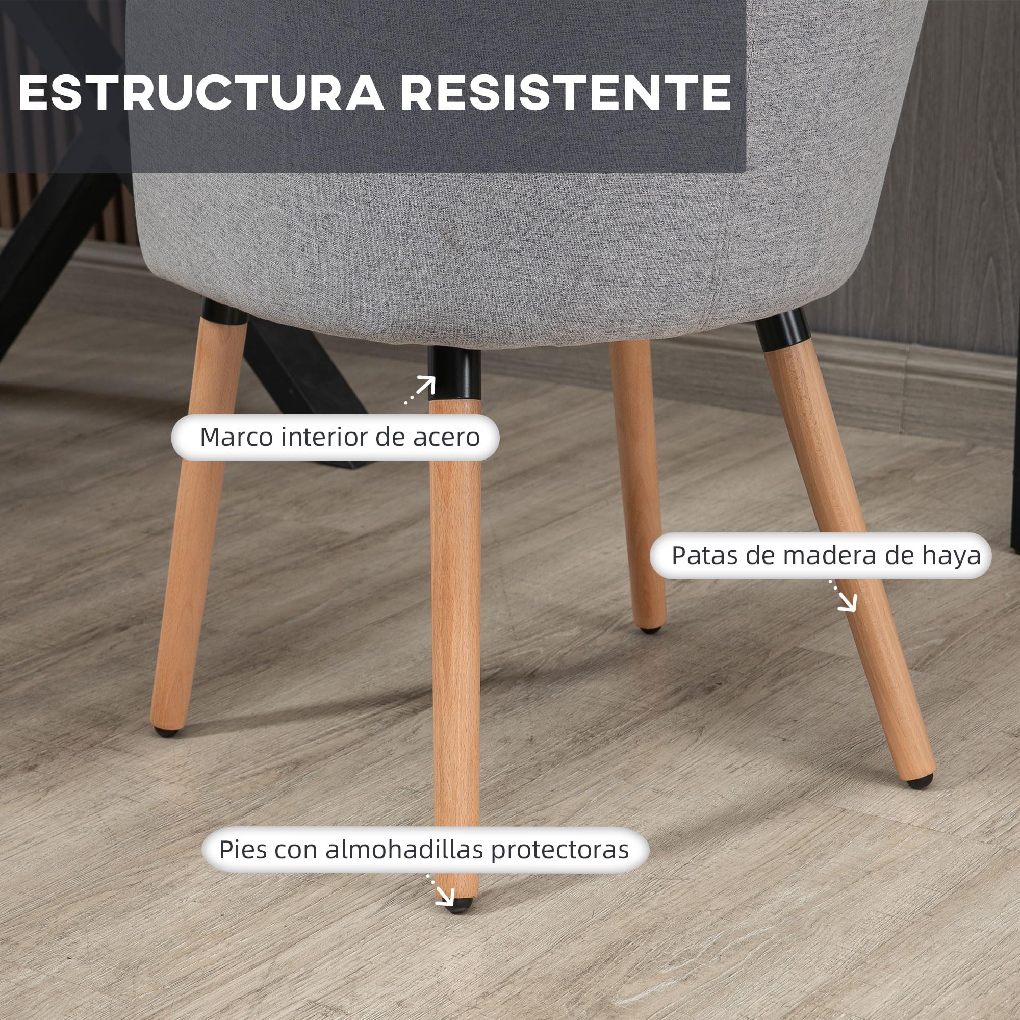 HOMCOM Silla de Comedor Butaca de Salón Lino Sintético 57x56x72 cm Gris
