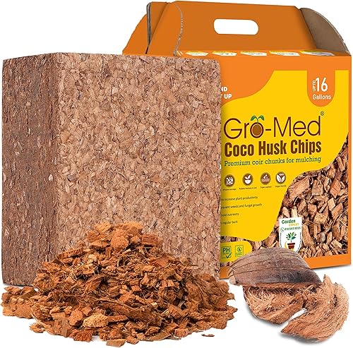 Gro-Med Chips de cáscara de coco para plantas (10 libras) Los chips de coco comprimido se expanden hasta 16 galones de mantillo de fibra de coco