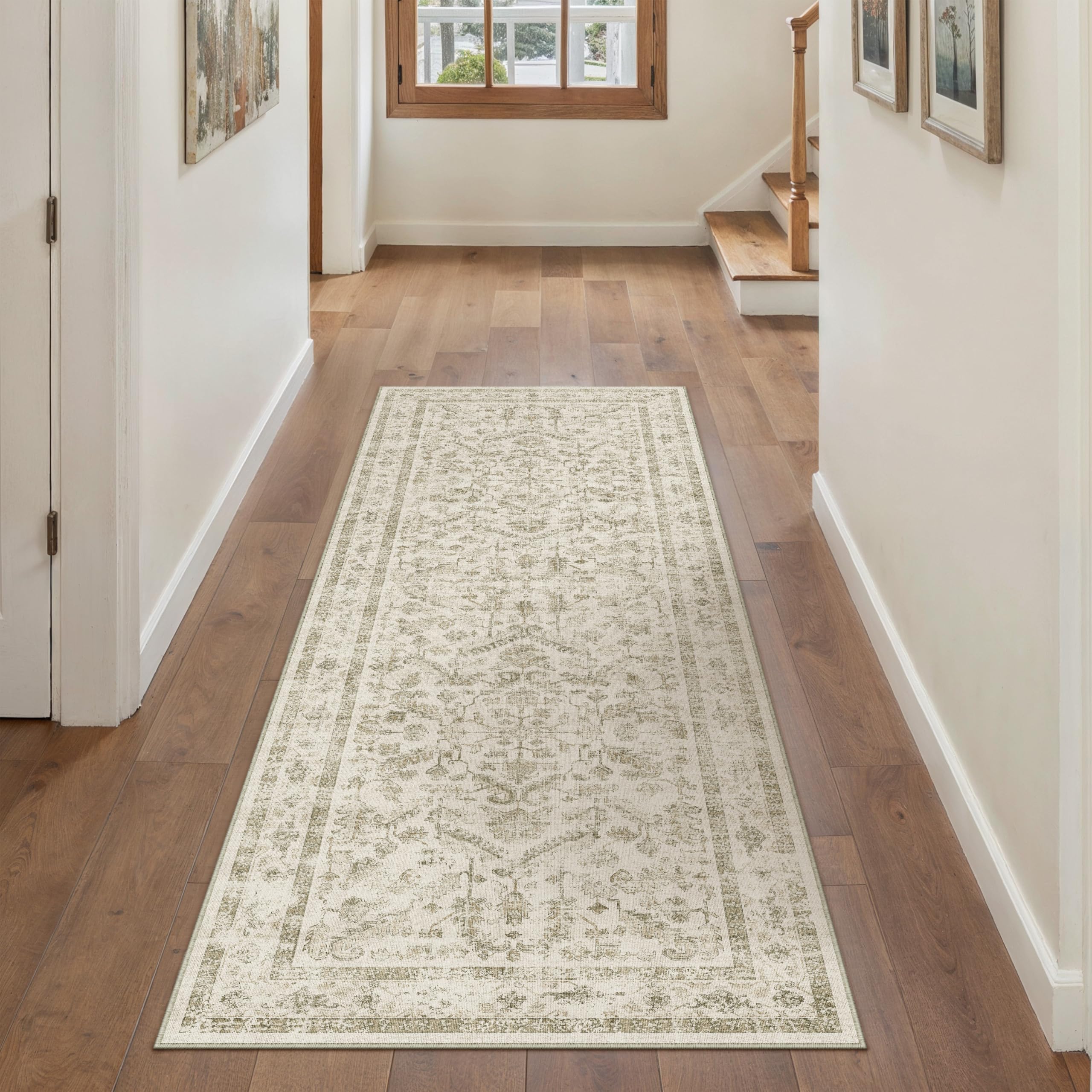 PureCozy Vintage Washable Beige Hallway Runner Rug 60x180cm Hall Runner Long Area Rugs Non Slip Soft Carpet Kitchen Bedroom Bedside Dining Room Office Indoor Low Pile Carpets