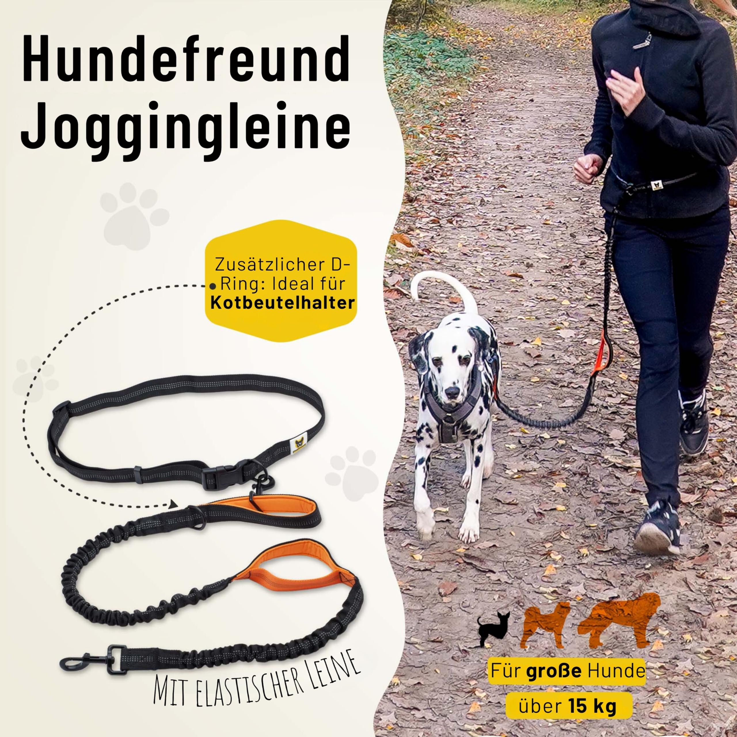 Hundefreund Joggingleine für große Hunde ab 15 kg | Elastische Freihandleine mit leichtem Bauchgurt | Abnehmbare Hundeleine mit 2 weichen Schlaufen | Orange Laufleine (120 cm, dehnbar bis 170 cm)