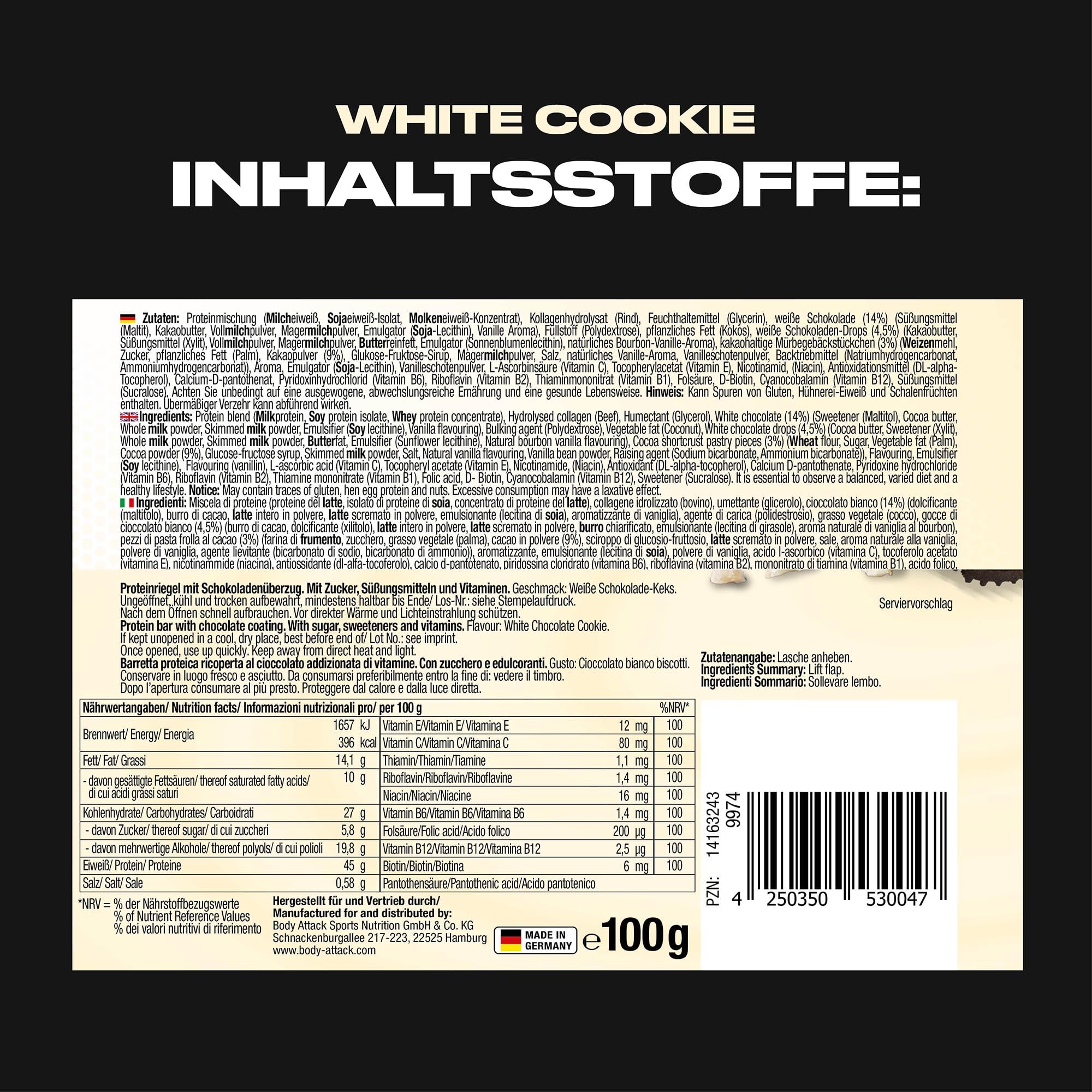 Body Attack Carb Control White-Cookie-O, 15 x 100 g Riegel - Fitness Protein Riegel mit mehr als 45% Eiweiß aus Milch- und Molkenisolat - Mit Vitamin B1, B2, B6, B12, Folsäure & Niacin - zuckerarm