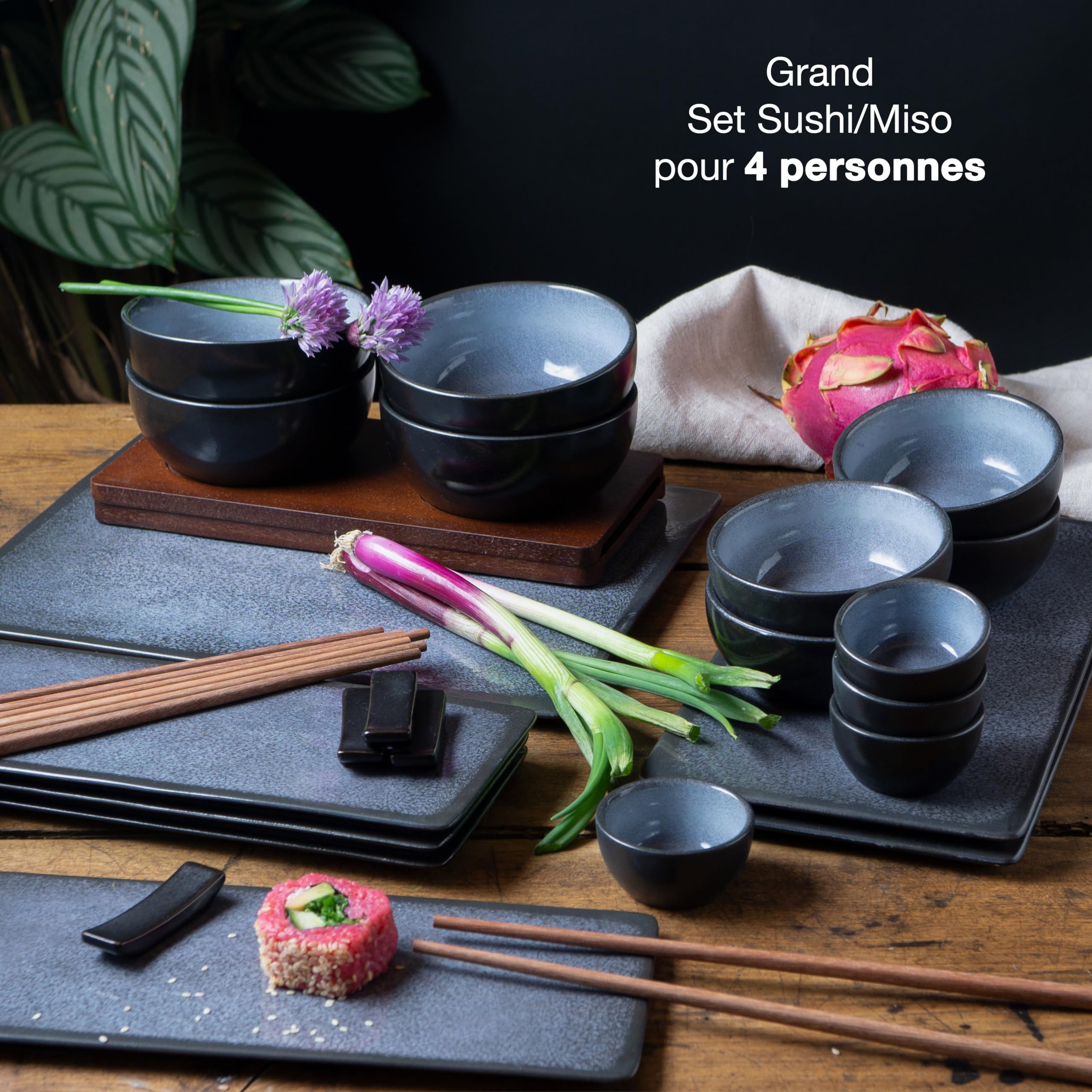 Lot De 2 Sets à Sushi 4 Pièces – Baguettes Avec Repose-pieds + Bols, Coloris Assortis