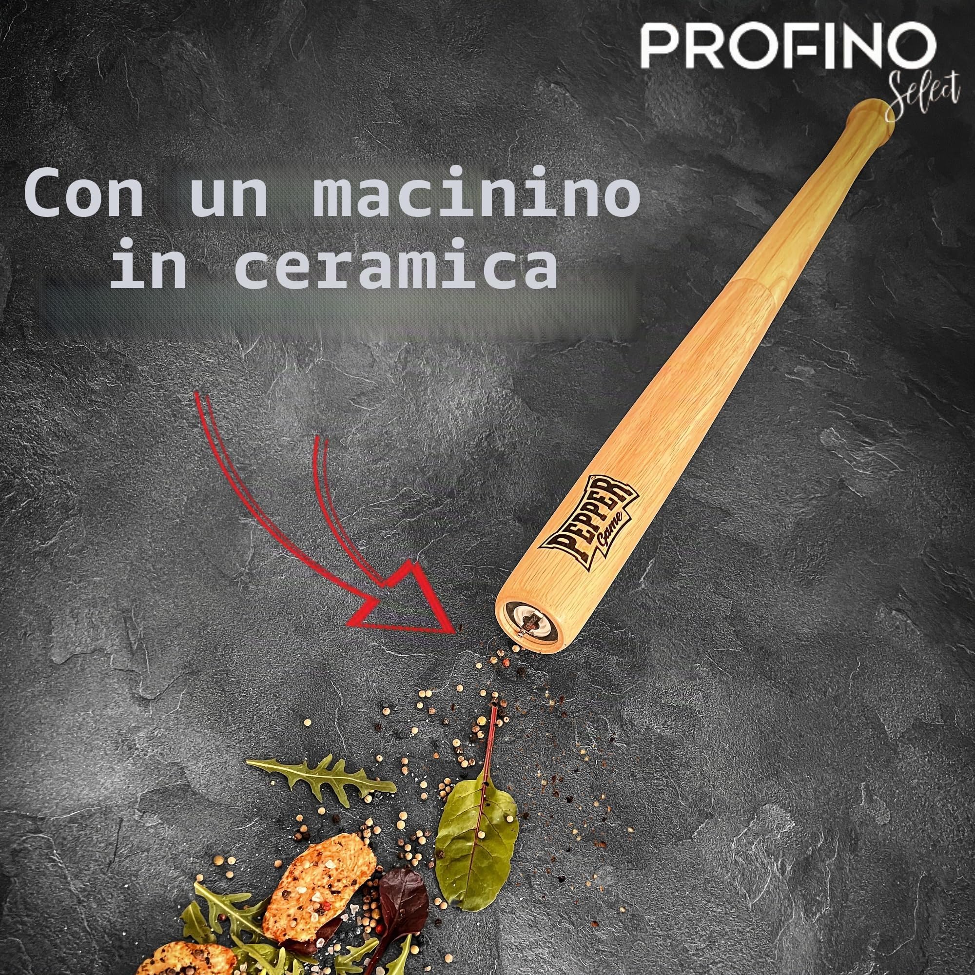 Macinapepe Pepper Game | 71 cm mazza da baseball | macina pepe in ceramica | legno di albero di gomma | con supporto a parete in acciaio inox | grande macinapepe legno | macina pepe | macina
