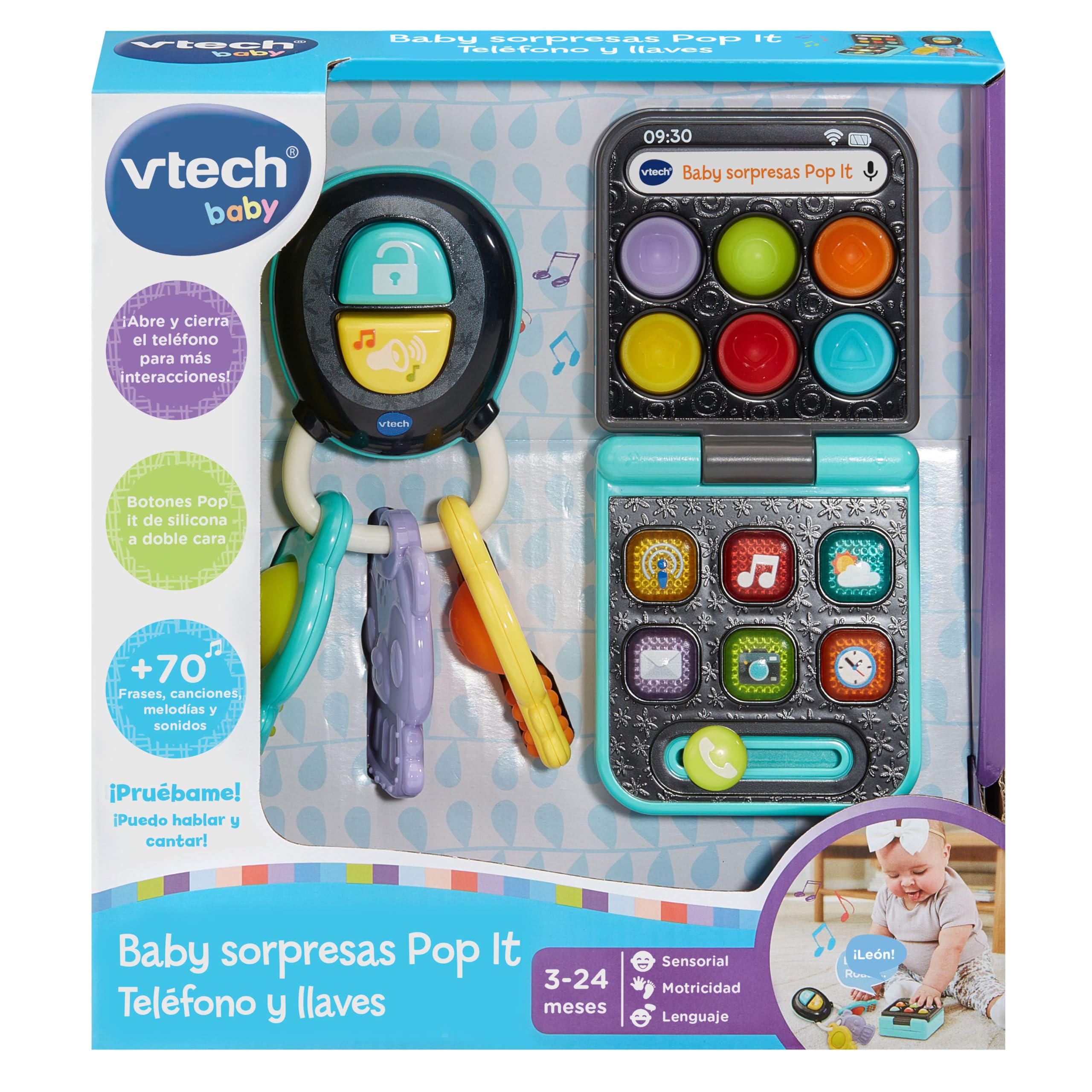 VTech-Baby Baby sorpresas Pop It Teléfono y Llaves, Juguetes interactivos, Diferentes Texturas, Botones Silicona, Motricidad Fina, Regalo bebés +6 Meses, Versión ESP