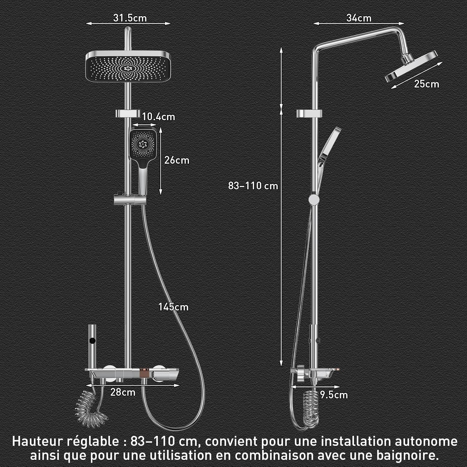 Colonne de Douche avec Mitigeur, Ensemble Douche Tête Pluie XXL 31,5cm, Panneau Commande Piano 4 Fonctions, Hauteur Réglable 83-110cm, pour Baignoire et Salle de Bain - Blanc - 2