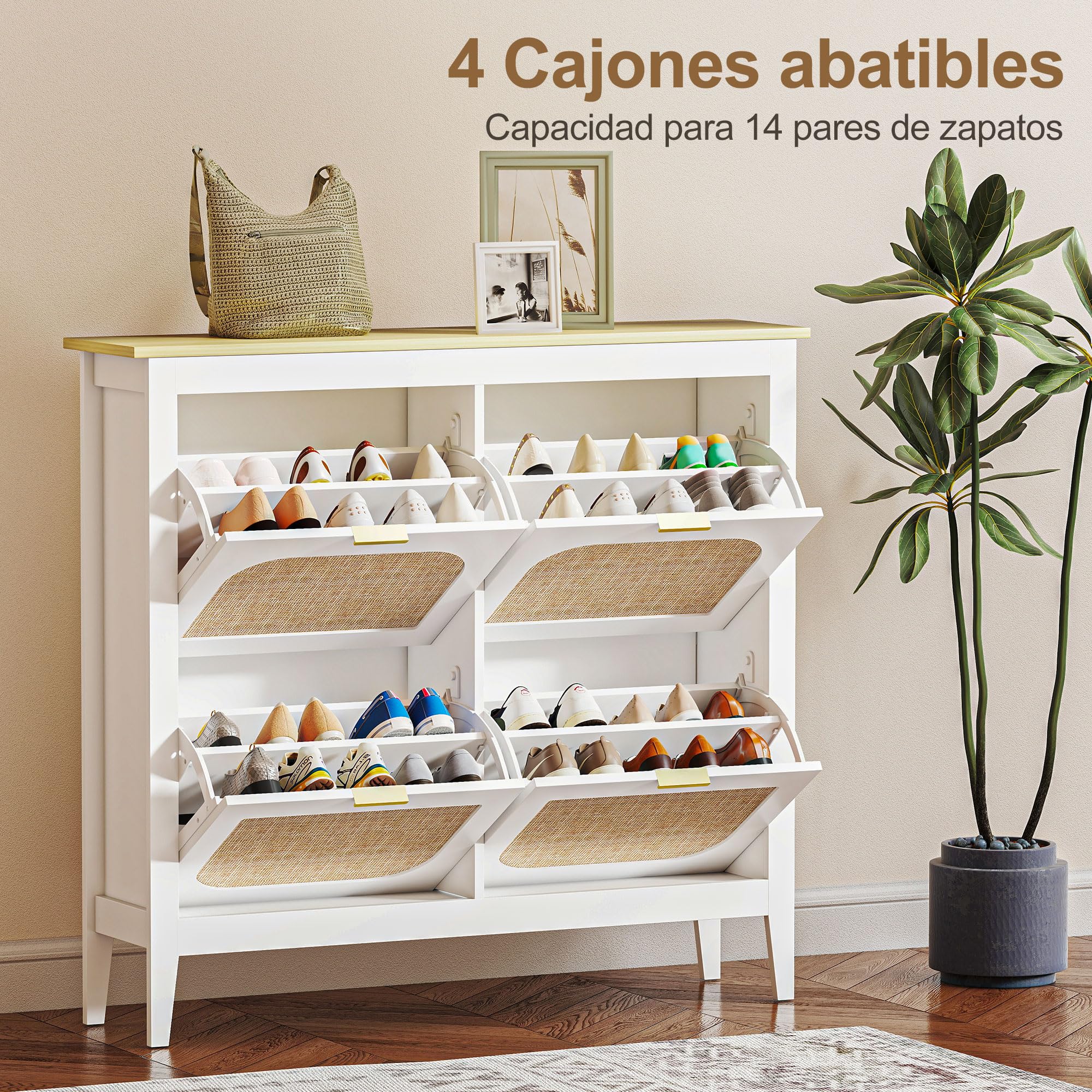 HOMCOM Zapatero Estrecho con 4 Puertas de Ratán Zapatero Entrada Recibidor con Estantes Ajustables para 20 Pares de Zapatos 105x24x95,5 cm Blanco