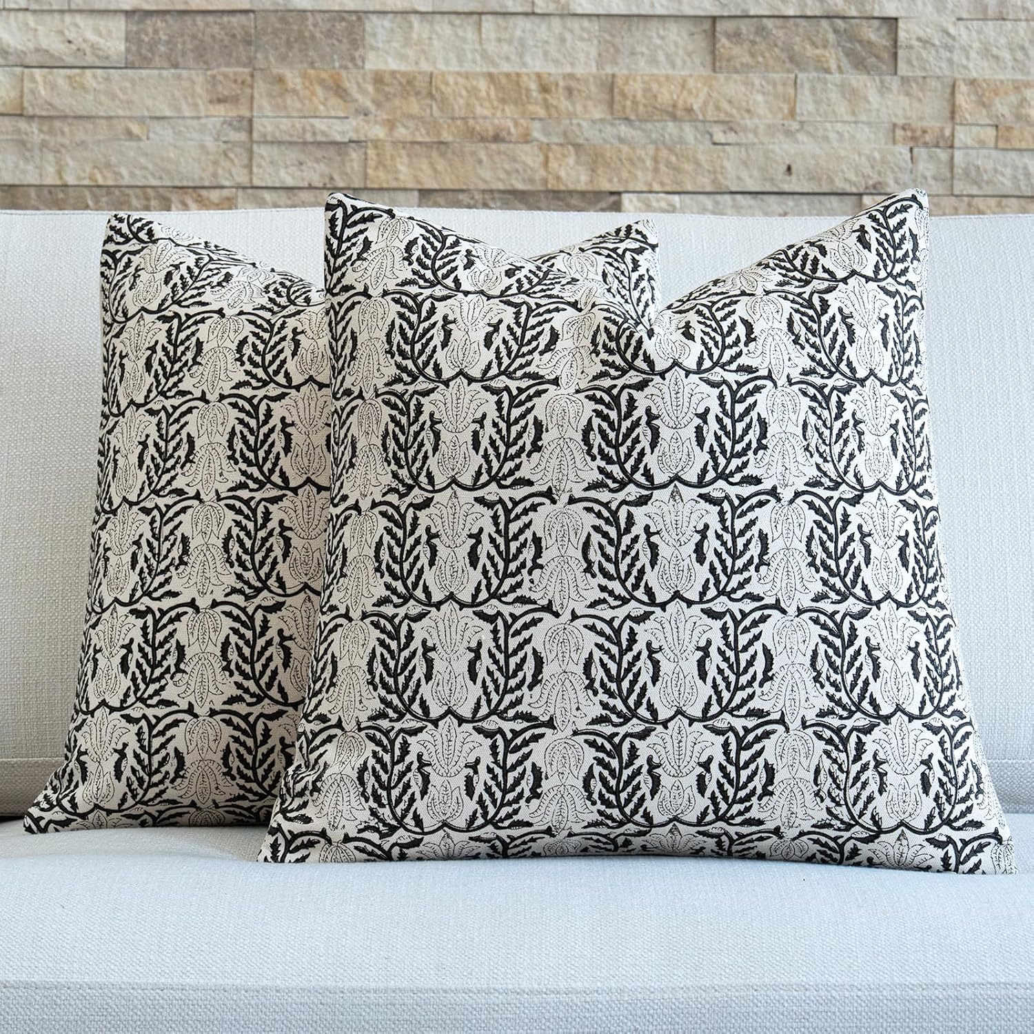 FIOUOVO Floral Throw Pillow Covers 18x18 Set of 2 Block Print Cushion Covers Farmhouse Neutral Accent Decorative Pillow Covers Home Decor for Sofa Couch Living Room Bedroom, Charcoal Black