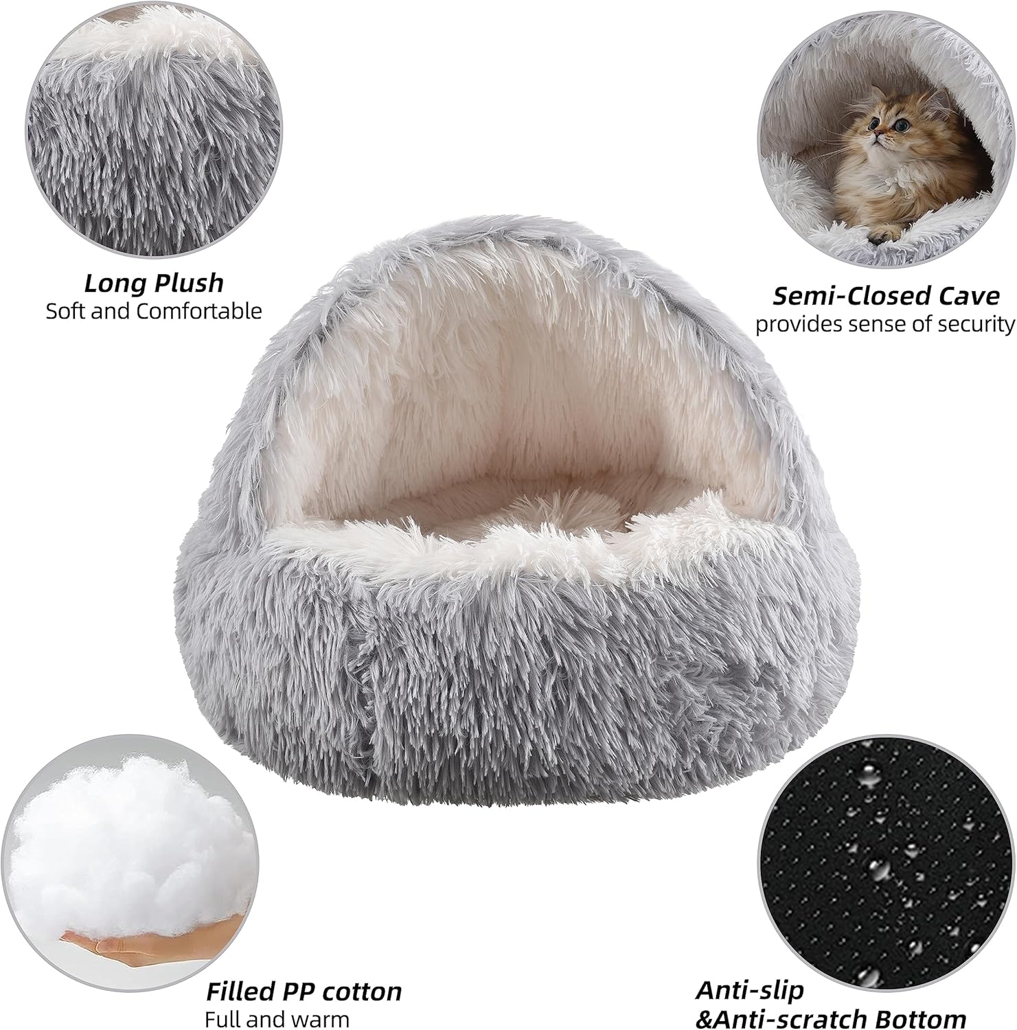 Cat Bed Round Plush Fluffy Hooded Calming Cat Bed Cave,Self Warming pet Bed with Non-collapsed Cover for Indoor Cats or Small Dogs,Machine Washable,Anti-Slip&Waterproof Bottom,20",Grey