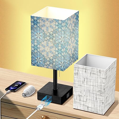SRTCLLT Lámparas de mesita de noche para dormitorio, lámpara de mesita de noche con puerto de carga y salida de CA, pequeña luz azul de escritorio,