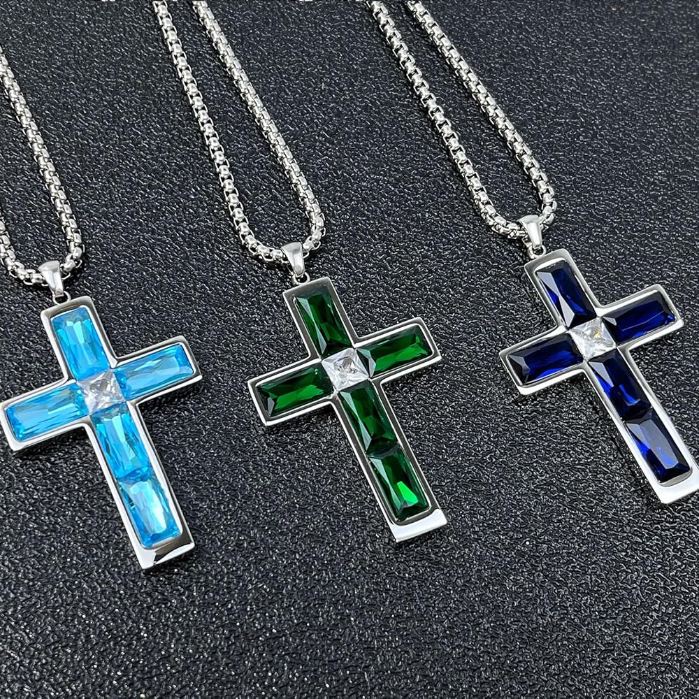 BAMIKI Garnet Red Cross Necklace for Men, January Birthstone 316L