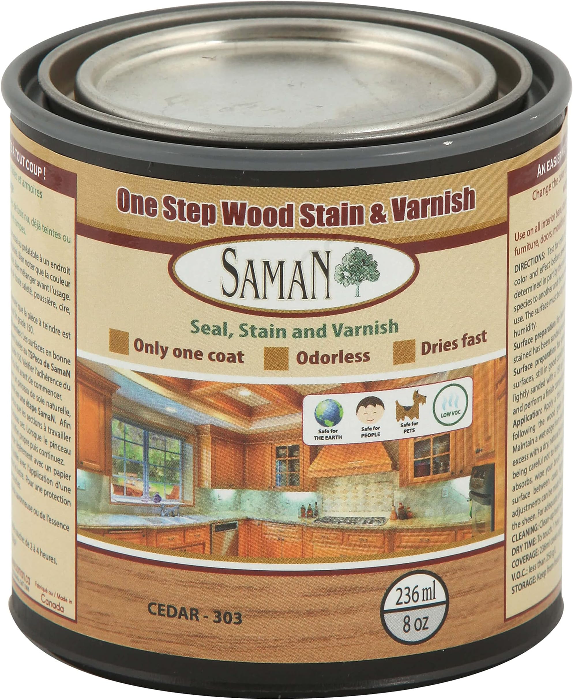 SamaN Interior One Step Wood Seal, Stain and Varnish – Oil Based Odorless Dye - Protection for Furniture and Fine Wood (Cedar SAM-303, 8 oz)