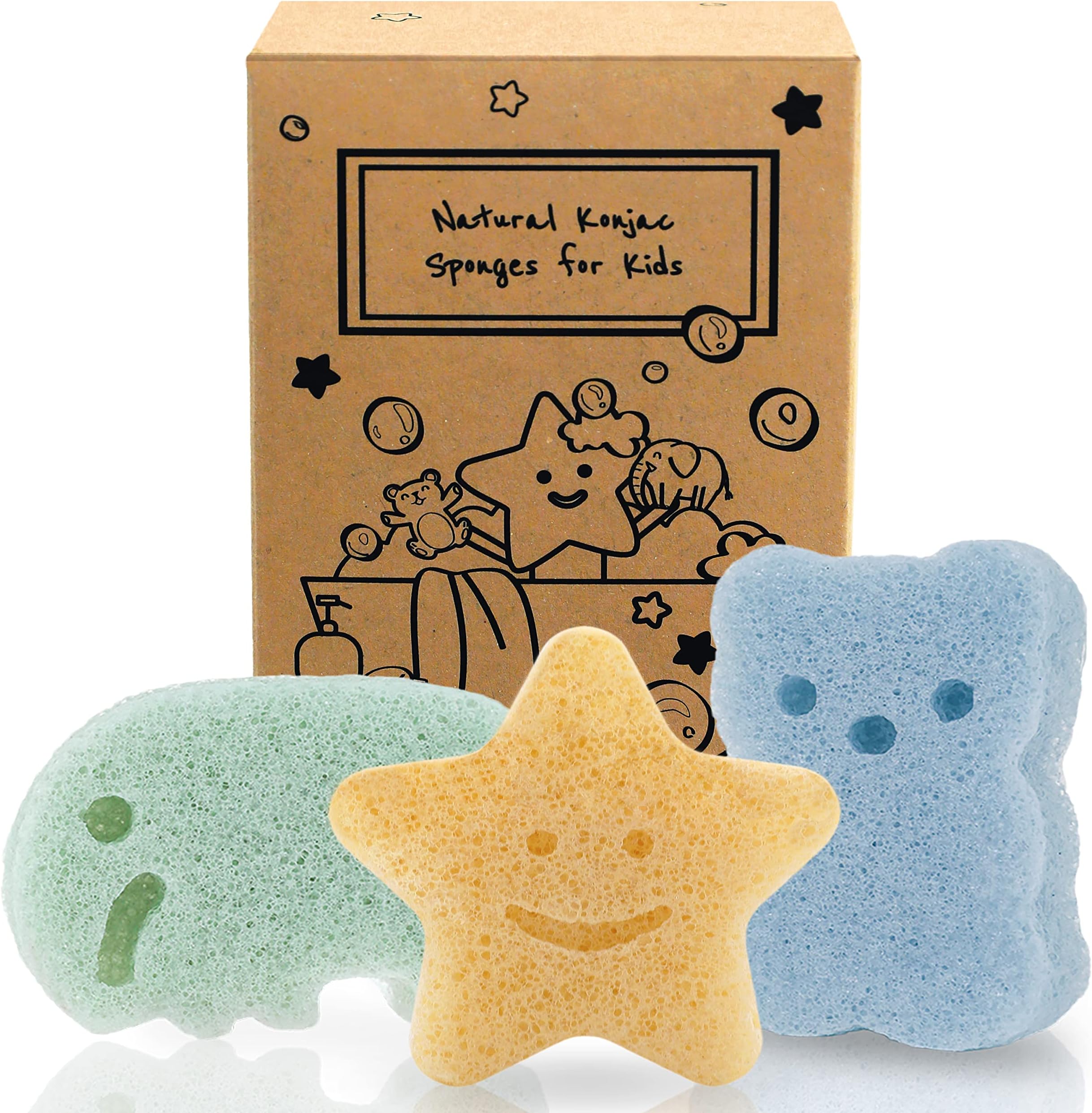 myHomeBody Konjac Baby Sponge for Bathing, Cute Shapes Natural Kids Bath loofah for Infants, Toddler, Newborns, Safe Plant-Based, 3pc. Set: Elephant, Bear & Star