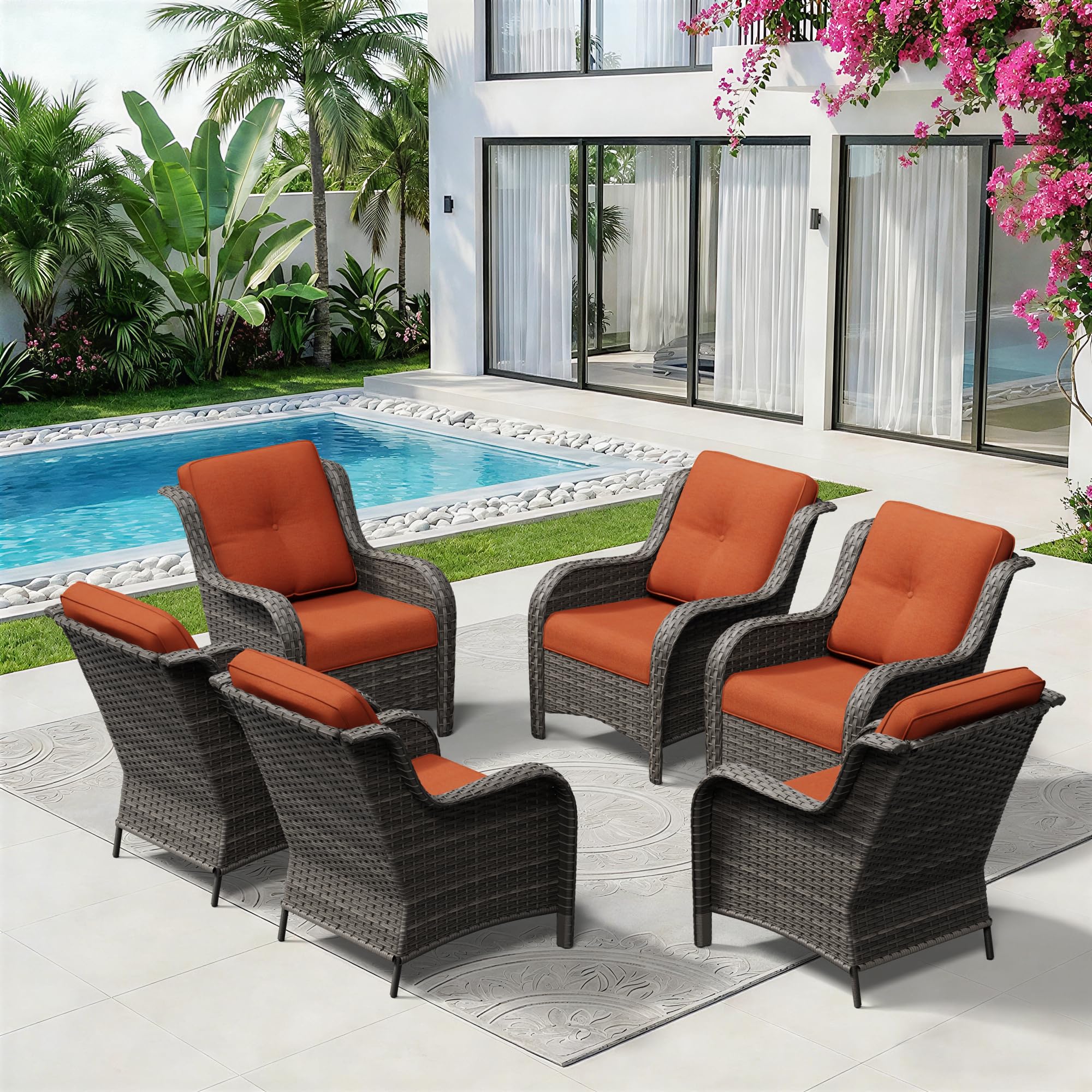 6 Piece Outdoor Wicker Patio Furniture Set, Patio Chairs Set with Thickened Olefin Cushions, High Back and Deep Seating, Hand-Woven PE Rattan for Porch, Deck