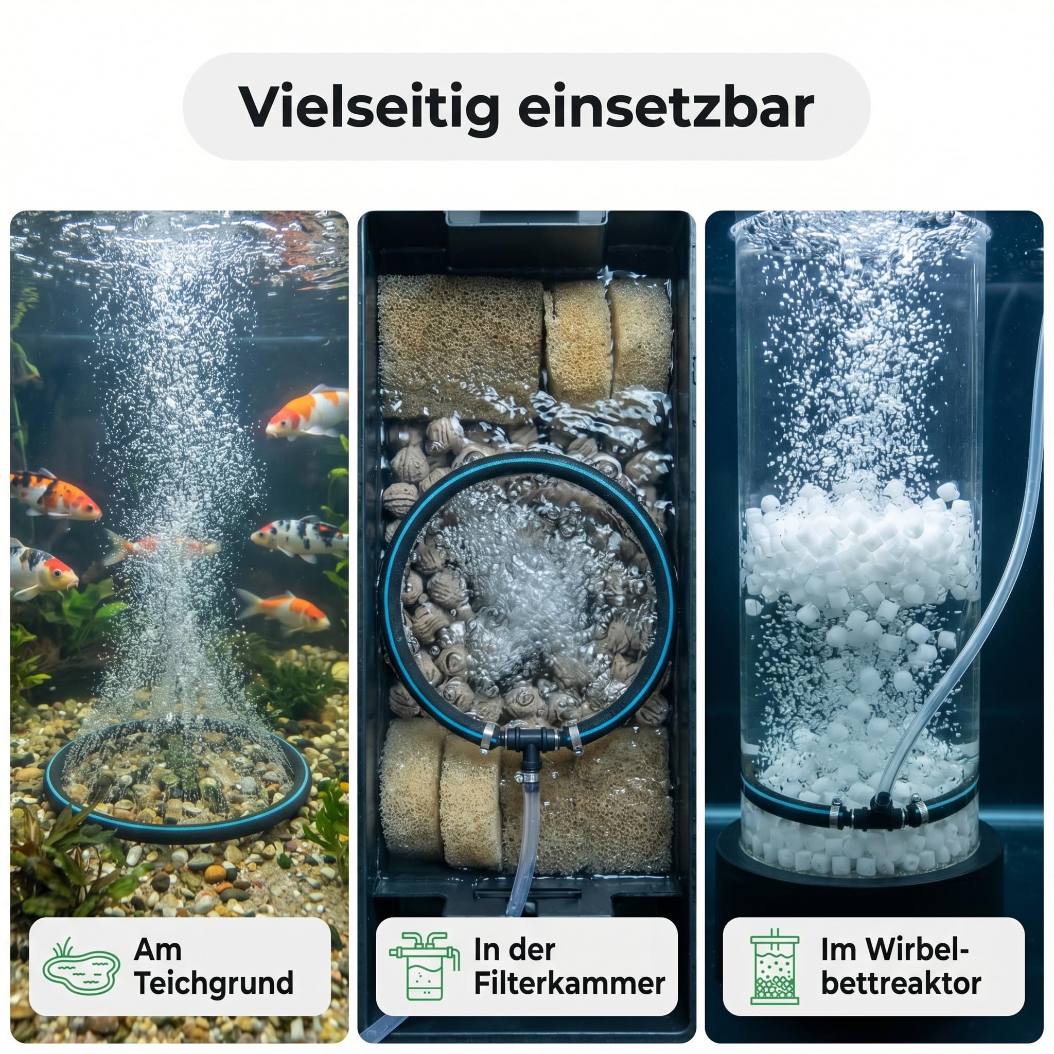 Pondlife Japan Belüfterring Ø 35 cm, Teichbelüfterring für Koi-Teich, selbstsinkender Teich-Luftausströmer mit feiner Perlung, inkl. Luftschlauch ca. 0,95 m, für Filterkammern/Schwebebett