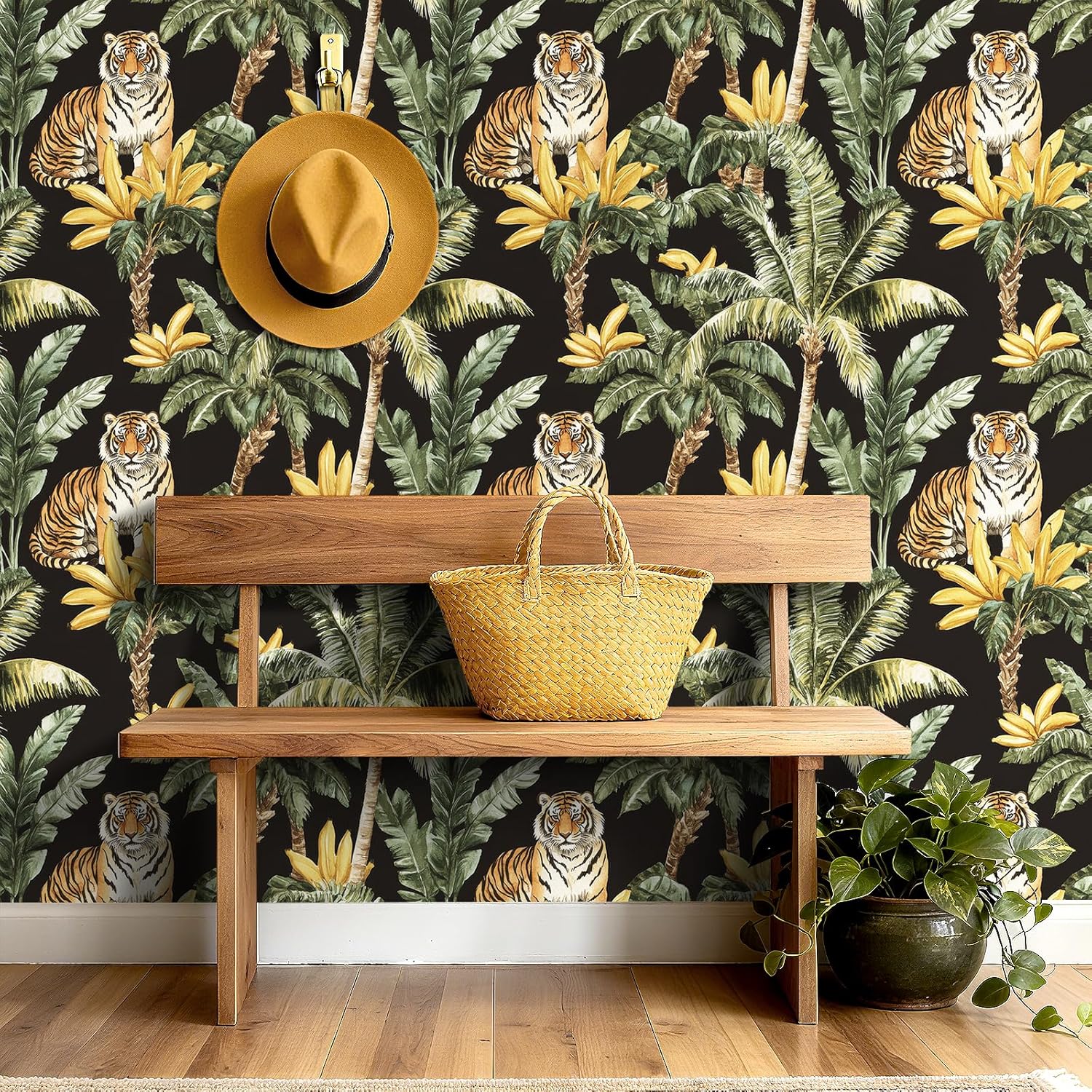 FunStick Dark Green Jungle Wallpaper Peel and Stick Removable Yellow Banana Palm Tree Leaf Tiger Black Tropical Wallpaper Self Adhesive Jungle Contact Paper for Bedroom Accent Wall Cabinets 17.5"x118"