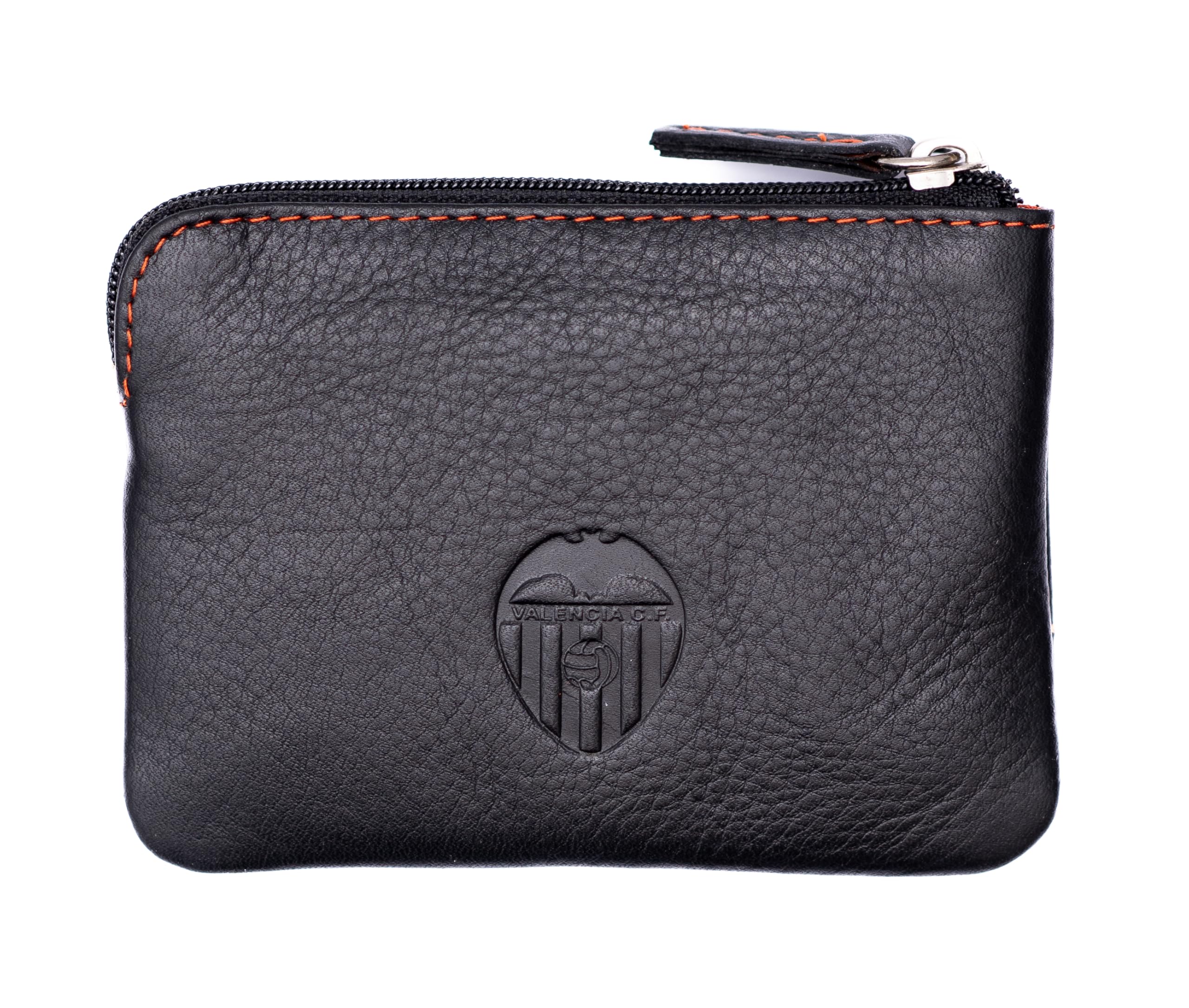 Valencia CF Monedero de Piel Genuina, Negro con Costuras Naranjas, Cartera con Cremallera. Producto Oficial