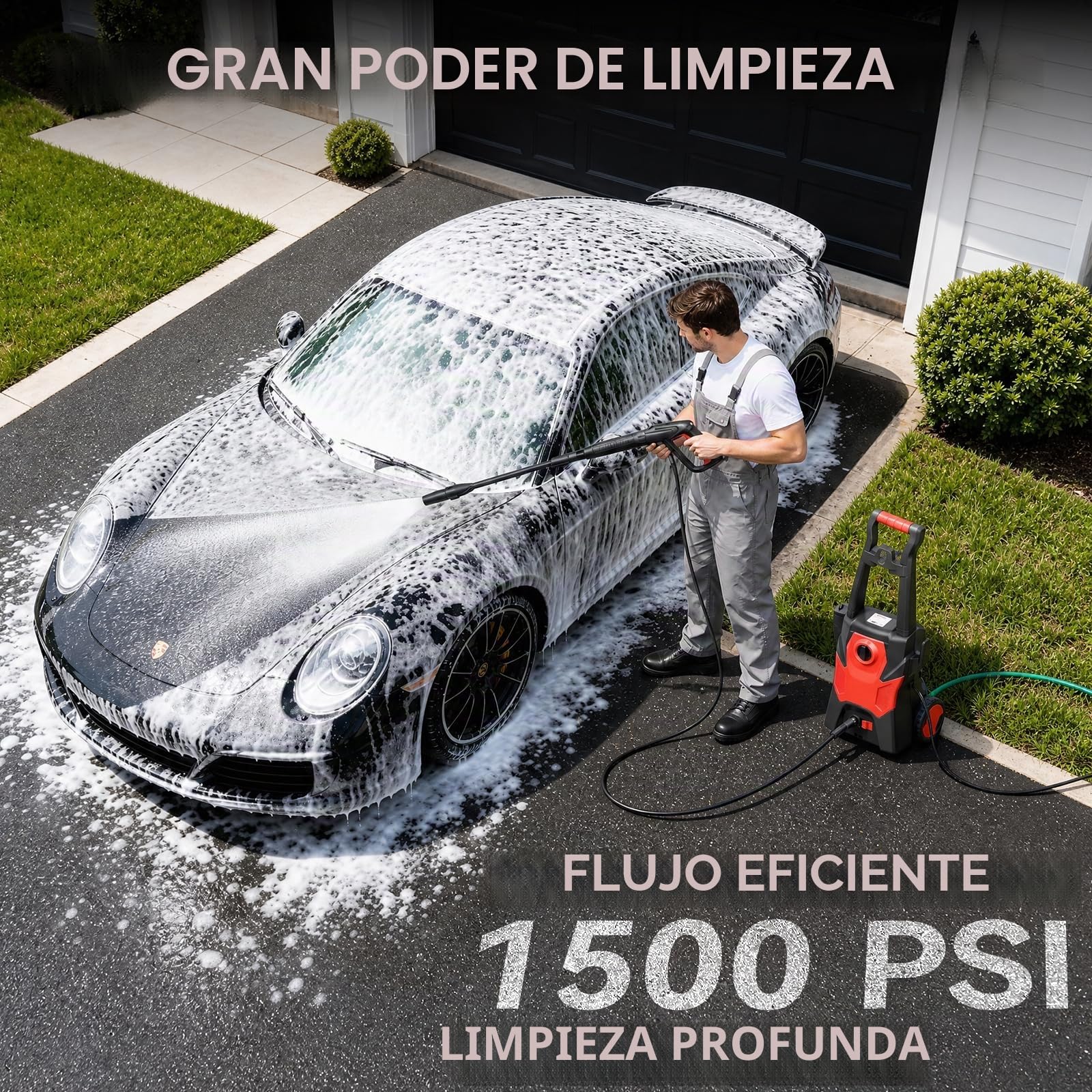 2000W Hidrolimpiadora de Alta Presion,Max150 Bar Hidrolimpiadora de Alta Presion Portátil con Cañón de Espuma y Manguera de 10M,con Estante Superior, Incluye Cepillo para Coche,
