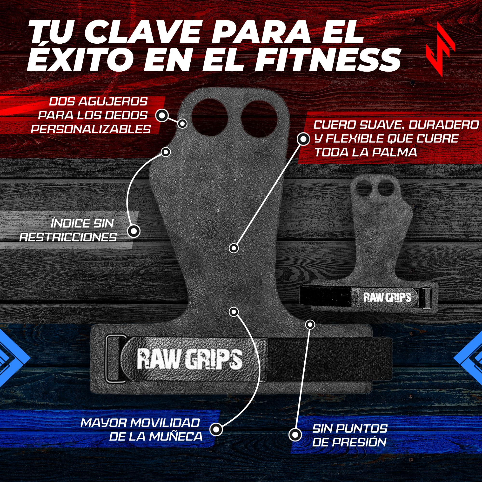JerkFit Raw Grips Agarre de Cuero 2 Dedos para Gimnasia Cross Training Protección de Palmas Levantamiento de Pesas