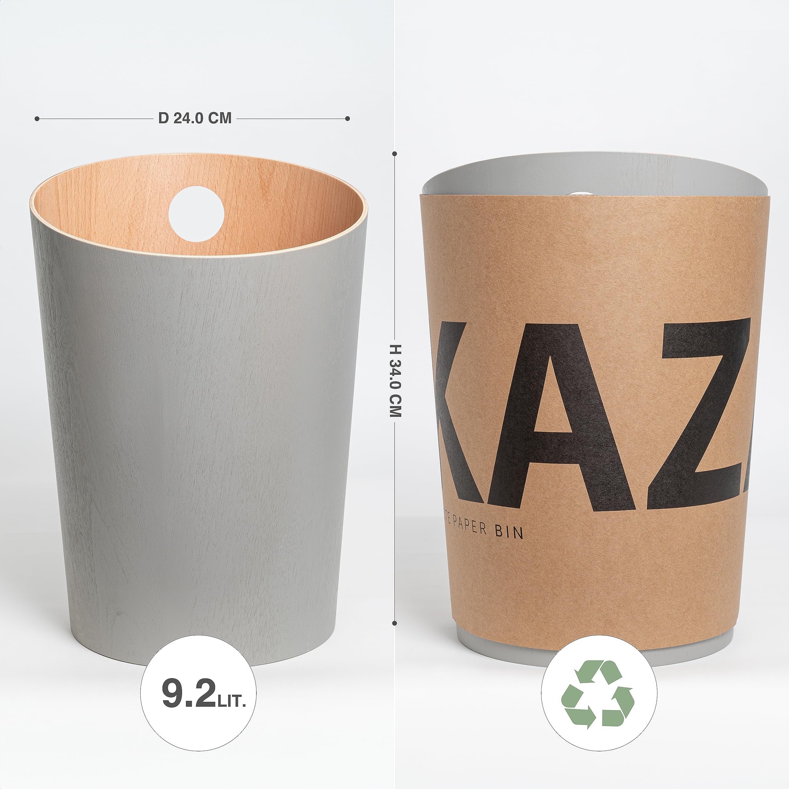Kazai. Cestino da Ufficio Design 'Bennet' | Bidone Unico per Ufficio, Camera da Letto, Camera dei Bambini e Altro | Secchio Spazzatura in Impiallacciatura di Legno Vero | Grigio (chiaro)