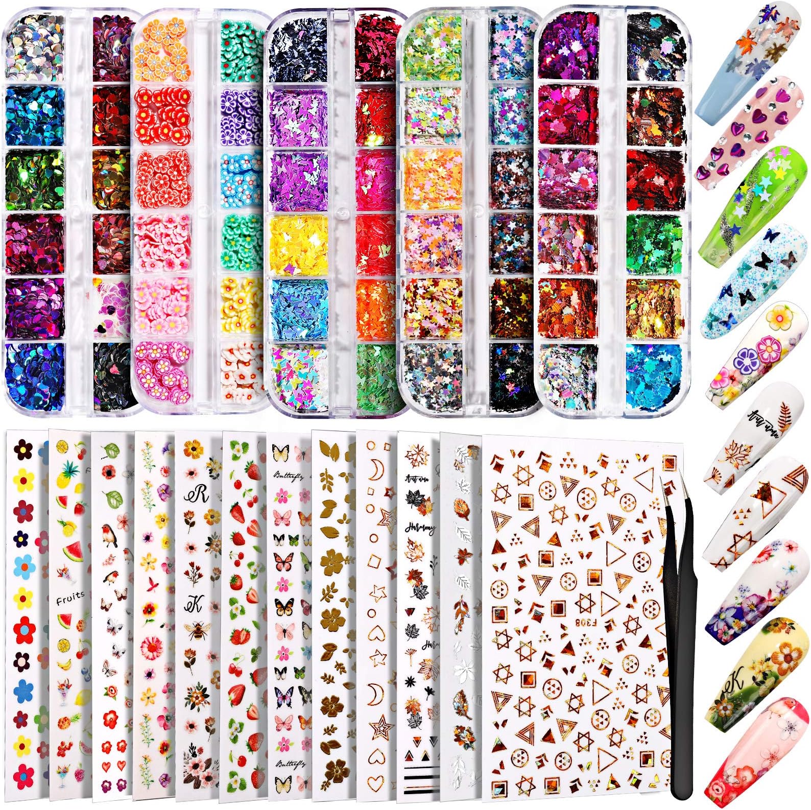 Teenitor 12 Sheets Nail Art Sticker 3D Self-Adhesive, Nail Art Decoration with 5 Boxes Holographic Glitter Flakes Butterfly Heart Star Maple Leaf Nail Sequins and Flower Slices