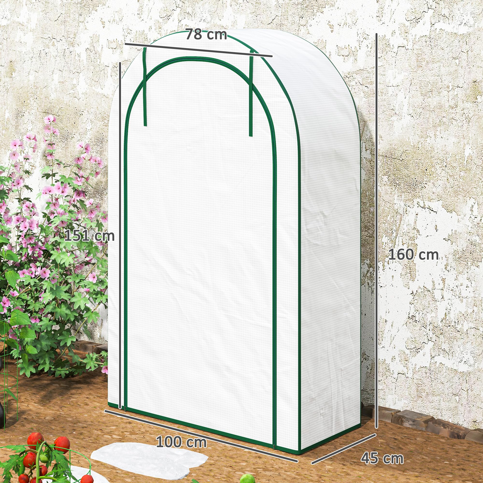 Outsunny Mini invern. Techo Redondo Puerta estantes 100x45x160cm Blanco | Invernadero de acero y film resistente al invierno, para balcón, jardín, tomates, verduras, flores
