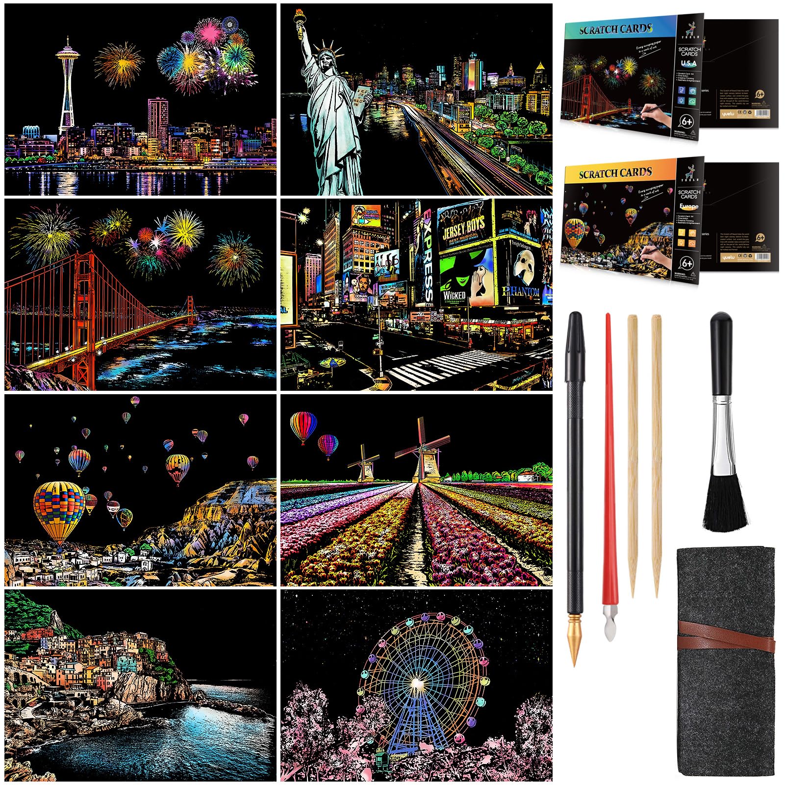 Scratch Art Painting Kit for Adults and Teens, 8 Sheets City Scenery Night View Scratchboards with 5 Engraving Tools, Rainbow Art Paper Set for DIY Crafts, Stress Relief Activity