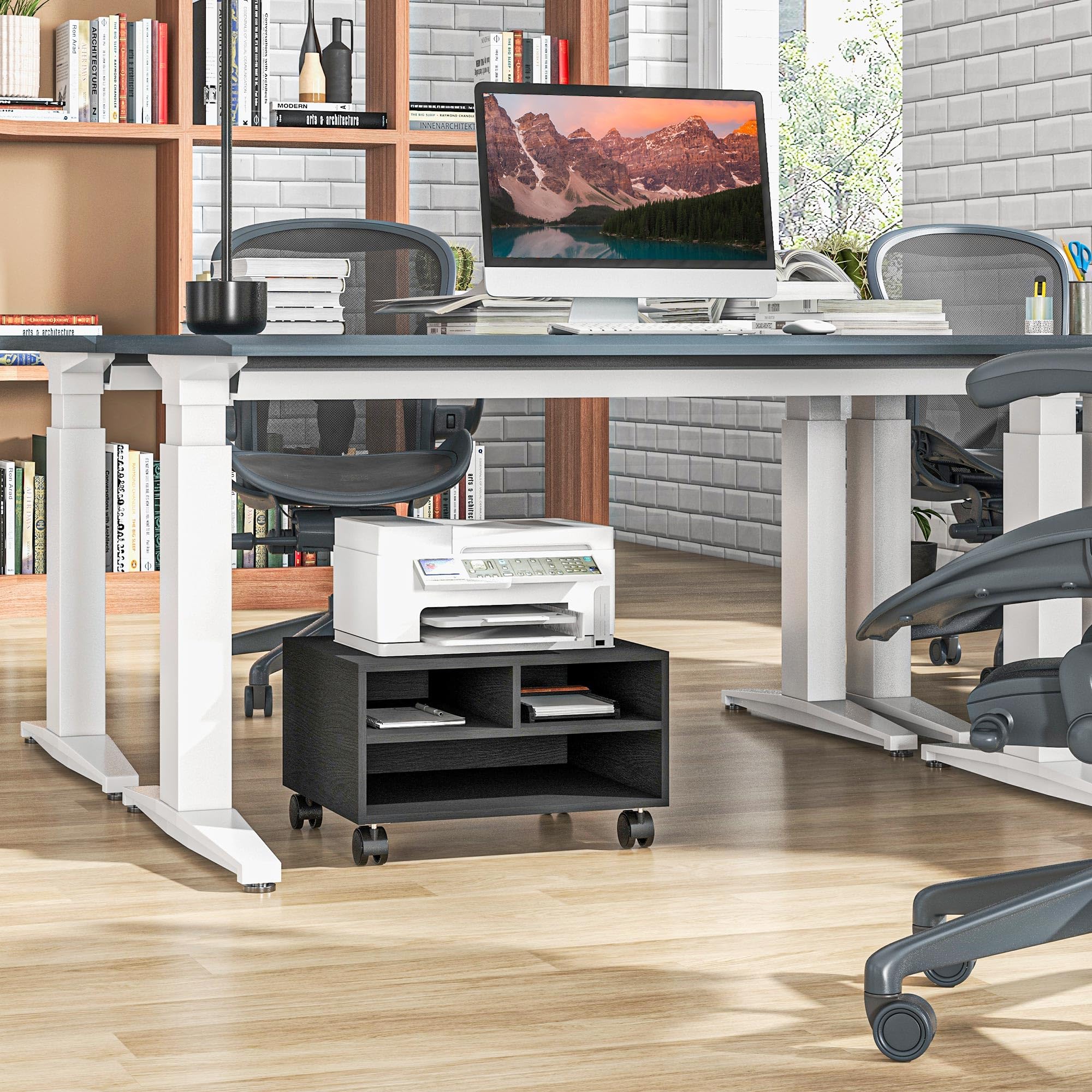HOMCOM Mobile Porta Stampante a 2 Ripiani, Mobiletto per Ufficio e Studio in Legno con Ruote, 47x40x22.5cm, Nero