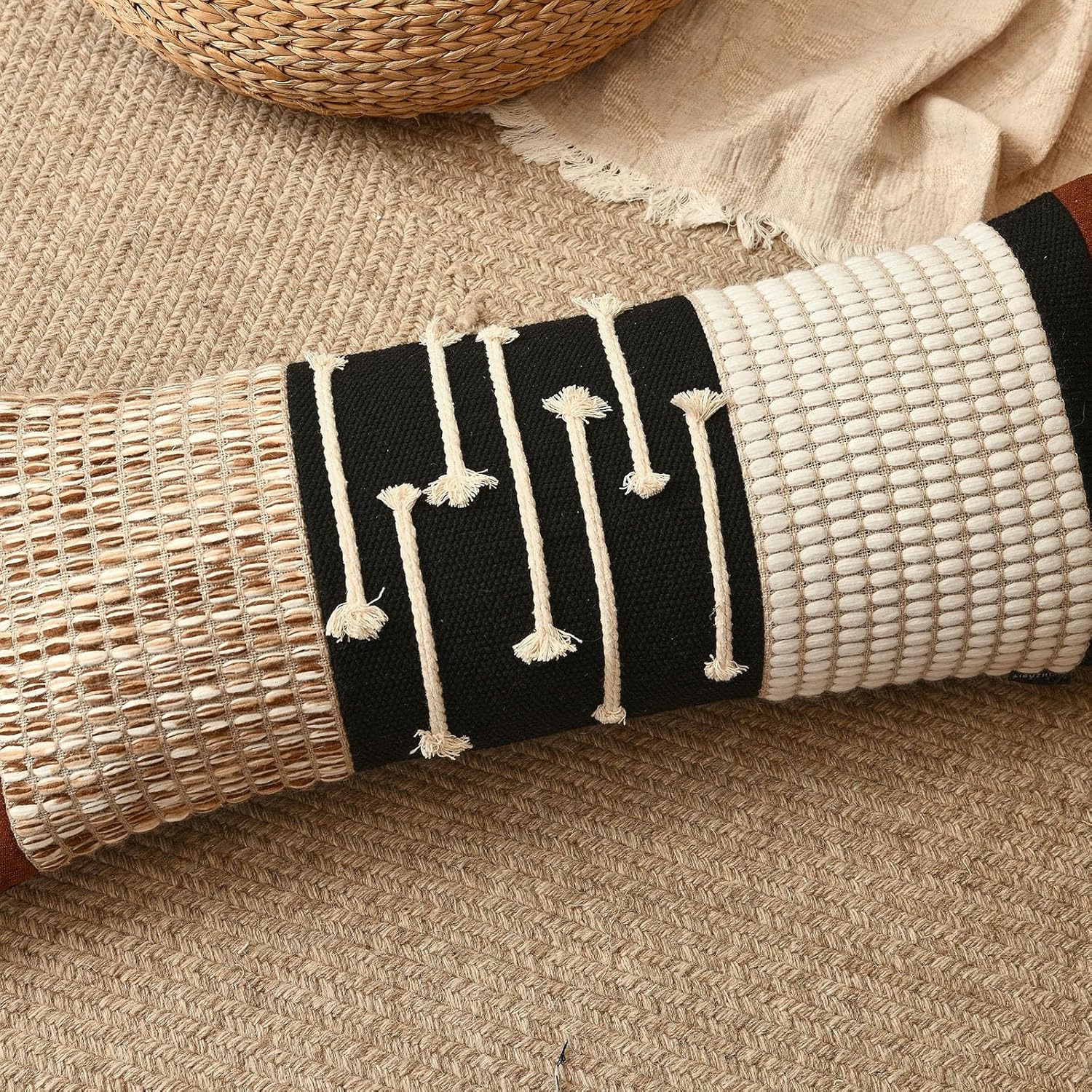 Boho Body Pillow Cover 12x28 Inches, Handwoven Cotton Linen Lumbar Pillow Cover with Tassels, Farmhouse Decorative Cushion Case for Bed Sofa (Black Brown)