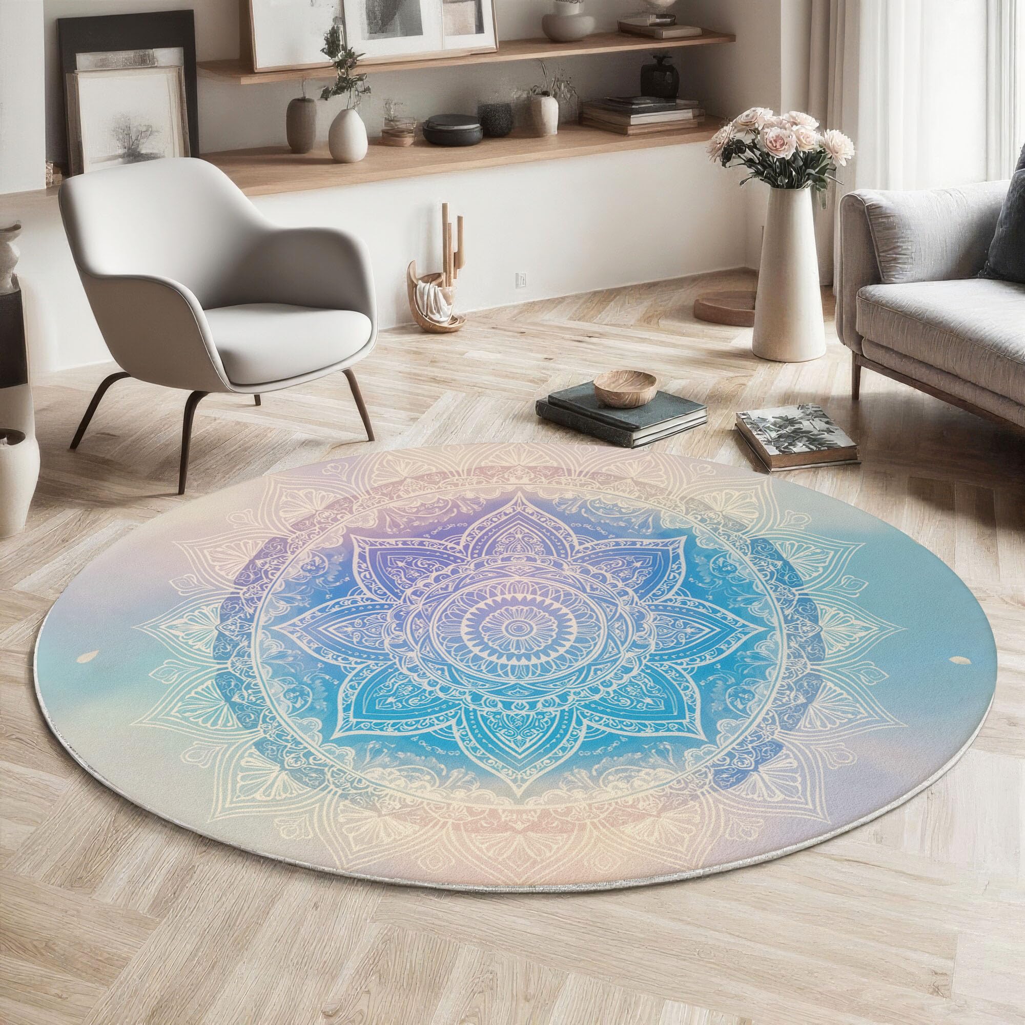 Tapis Rond Mandala Dégradé Aquarelle pour Salon, 160cm Circulaire Tapis Style Artistique Onirique Douce Lavable Et Antidérapante pour Chambre Intérieure, Bleu Clair