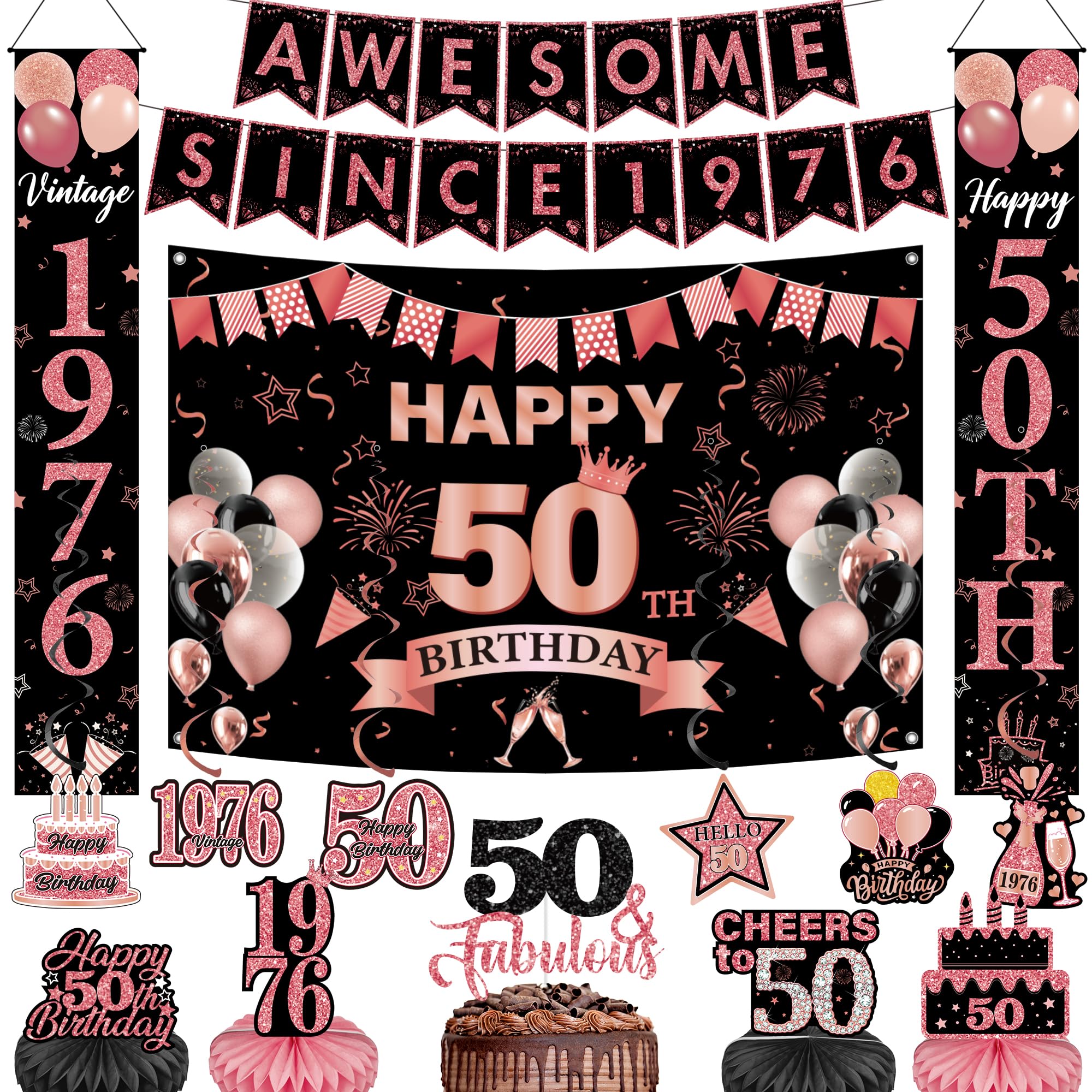 50th Birthday Decorations Banner Women - 16 Pcs Rose Gold Glitter Awesome Since 1976 Banners Door Banner Hanging Swirls Backdrop Honeycomb Cake Topper for 50th Birthday Anniversary Party Decor