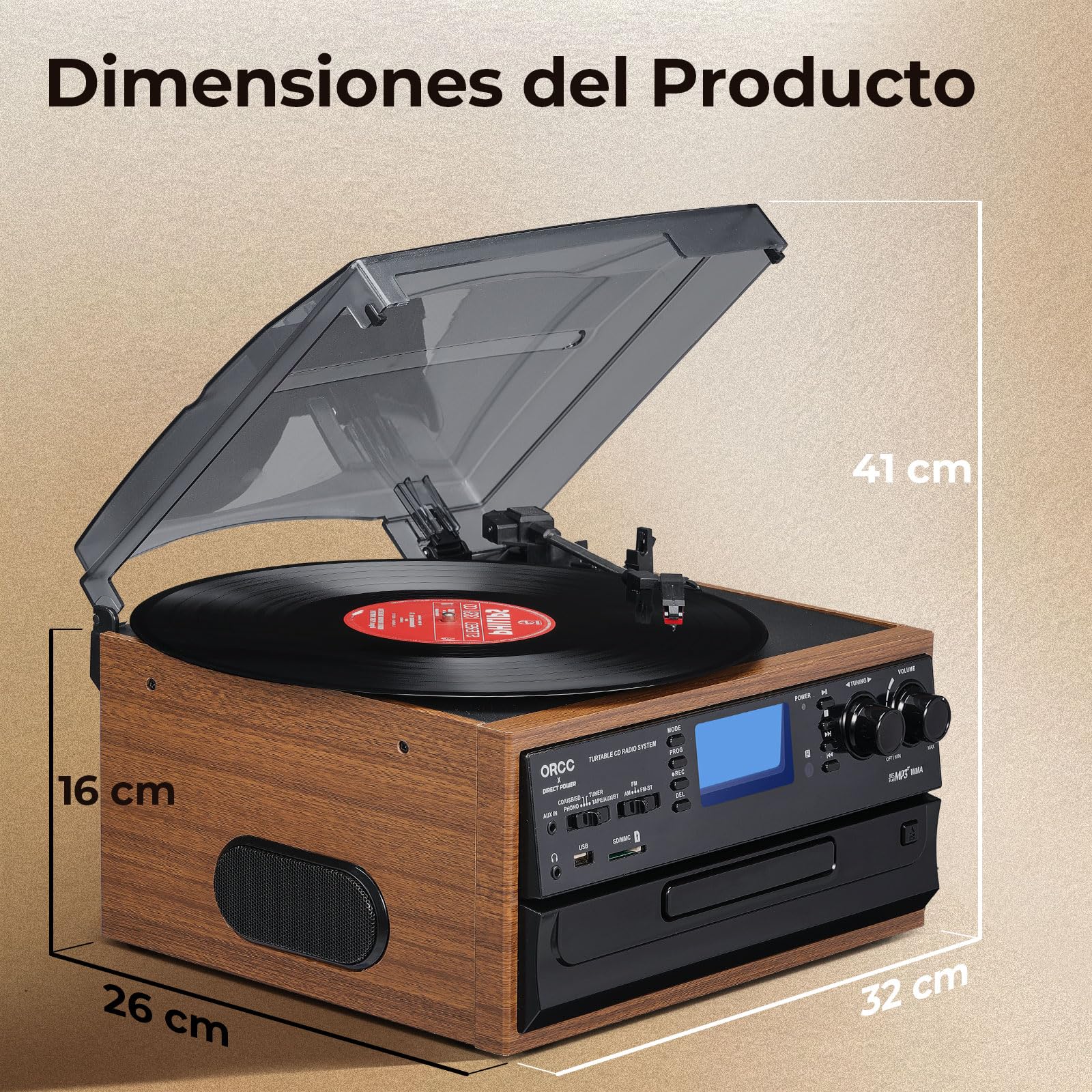 ORCC Tocadiscos Bluetooth 10 en 1 para discos de vinilo con altavoz, casete de CD de vinilo AUX a MP3 USB/SD codificación convertido, radio, conector de auriculares, RCA, control remoto