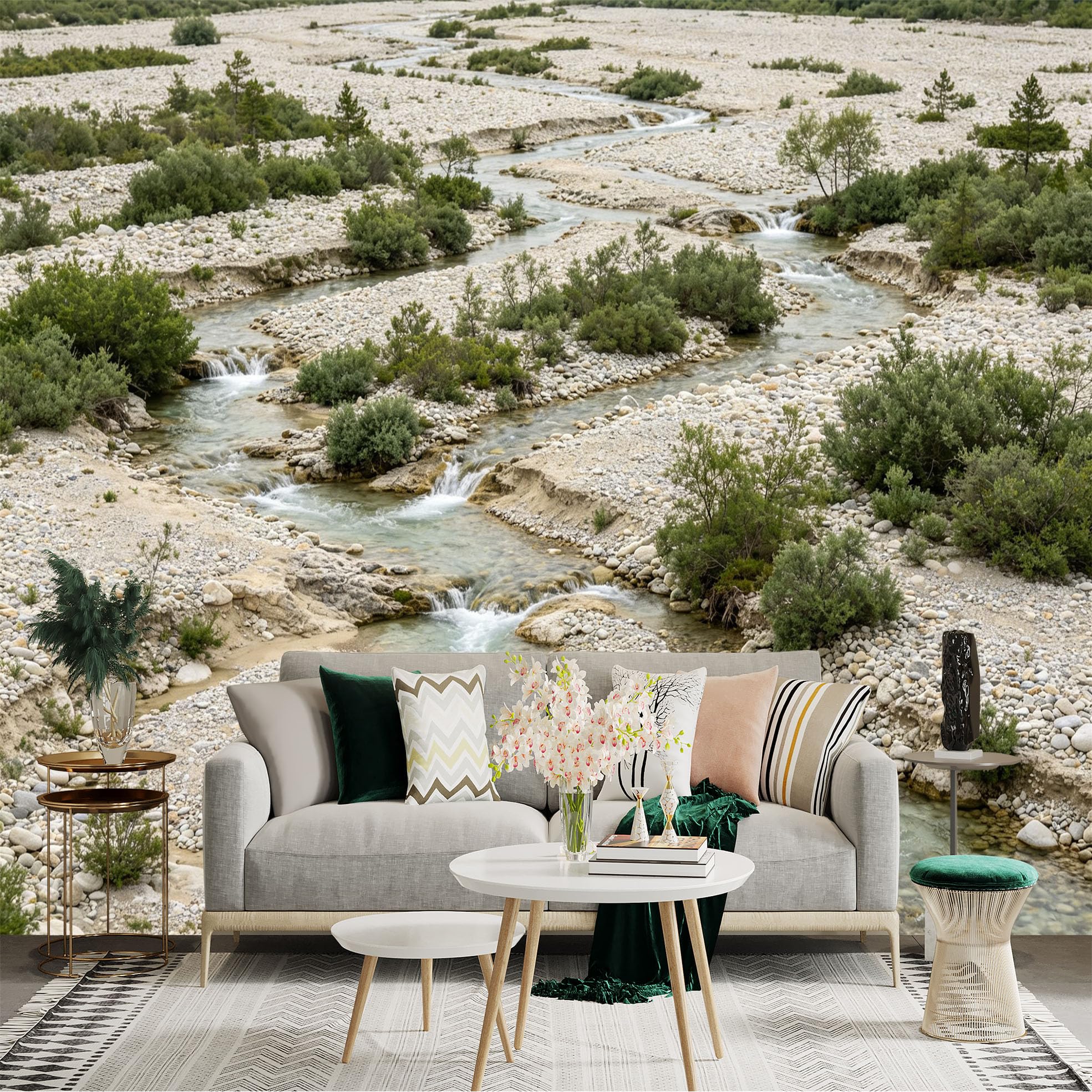 Lnzczhyre Dbh260521011 Custom Size Wall Sticker Mural， Serene Mountain Stream， Winding River Through Rocky Landscape， Lush Green Shrubs， Peaceful Nature Scenery， For Wall Decoration， Peelandstick Wall Decals.
