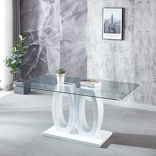 Miniatura 10 de Knocbel Mesa de comedor rectangular contemporánea de 63 pulgadas con parte superior de vidrio templado y patas de acero inoxidable, mesa de comedor