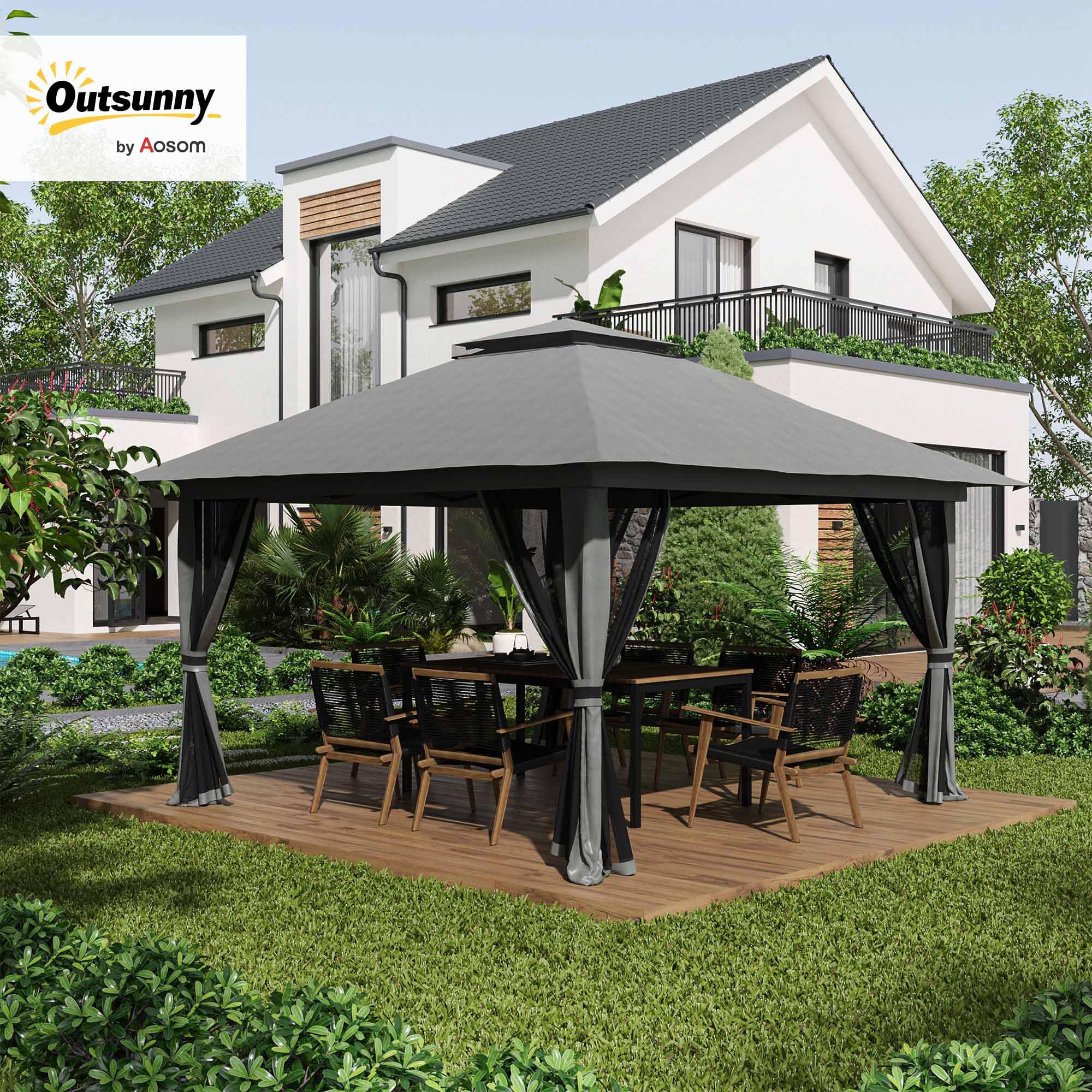 Outsunny Pavillon 4x4m Stabil Winterfest Pop-up Gartenpavillon mit Doppeldach, UV Schutz 50+ Partyzelt Gartenzelt mit 4 Seitenteilen Tasche Sandsäcke für Camping Garten Festival, Dunkelgrau