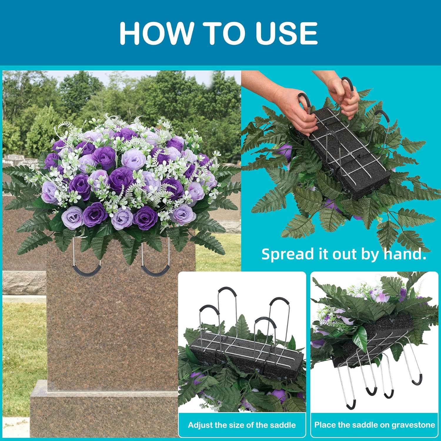 Headstone Flower Saddle,Large Artificial Cemetery Flowers for Grave,Cemetery Memorial Flowers for Outdoor Tombstone Decorations (Purple)